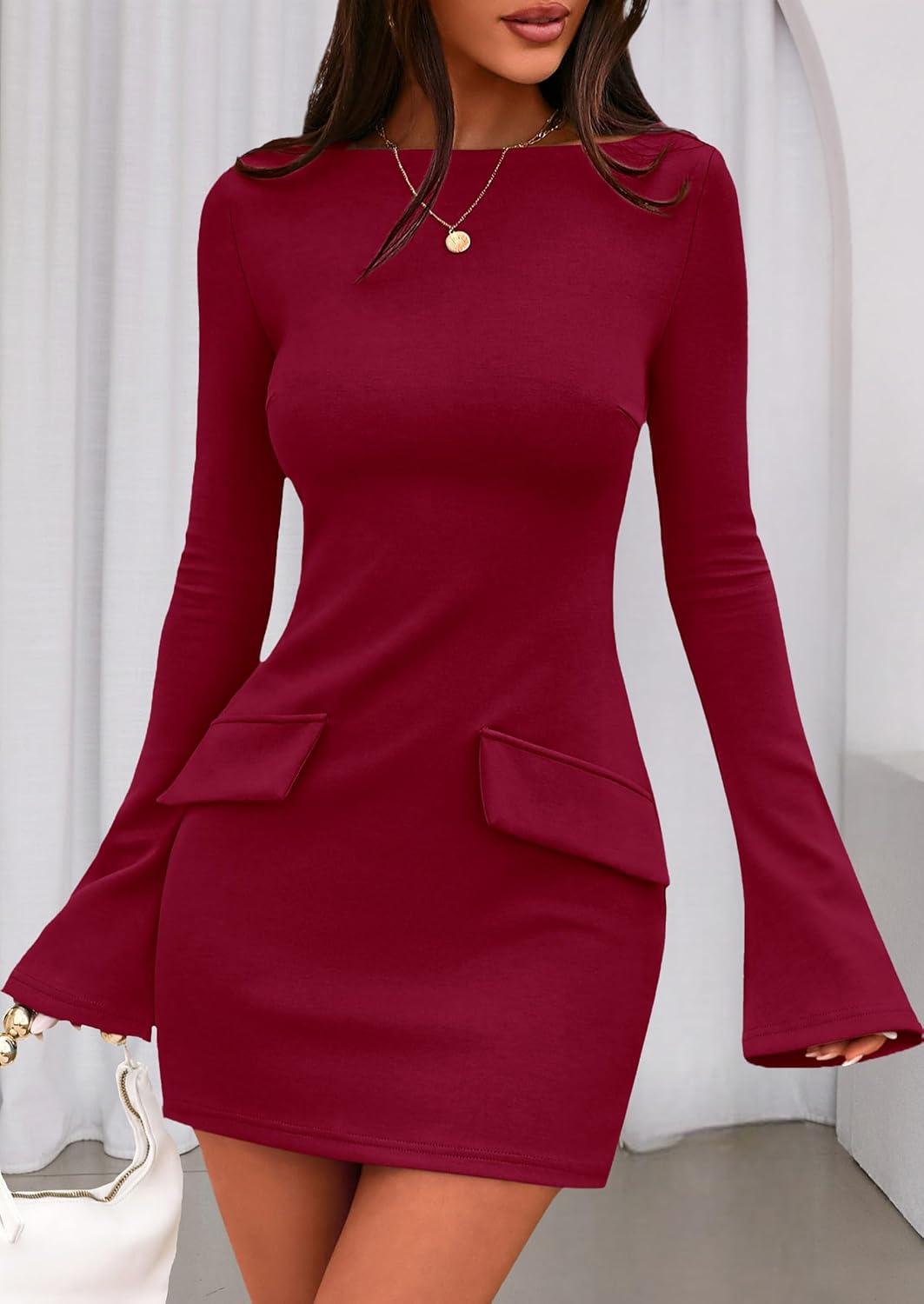 imagePRETTYGARDEN Womens Fall Long Sleeve Mini Dress 2025 Trendy Boat Neck Bodycon Knit Elegant Short Party Formal DressesRed
