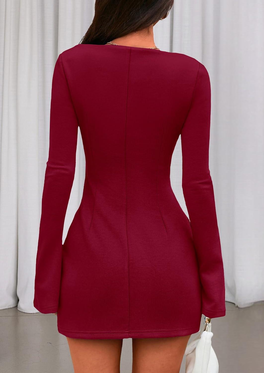 imagePRETTYGARDEN Womens Fall Long Sleeve Mini Dress 2025 Trendy Boat Neck Bodycon Knit Elegant Short Party Formal DressesRed