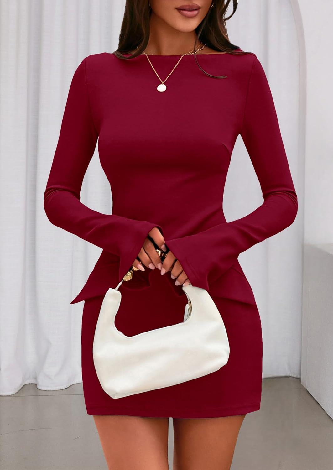 imagePRETTYGARDEN Womens Fall Long Sleeve Mini Dress 2025 Trendy Boat Neck Bodycon Knit Elegant Short Party Formal DressesRed