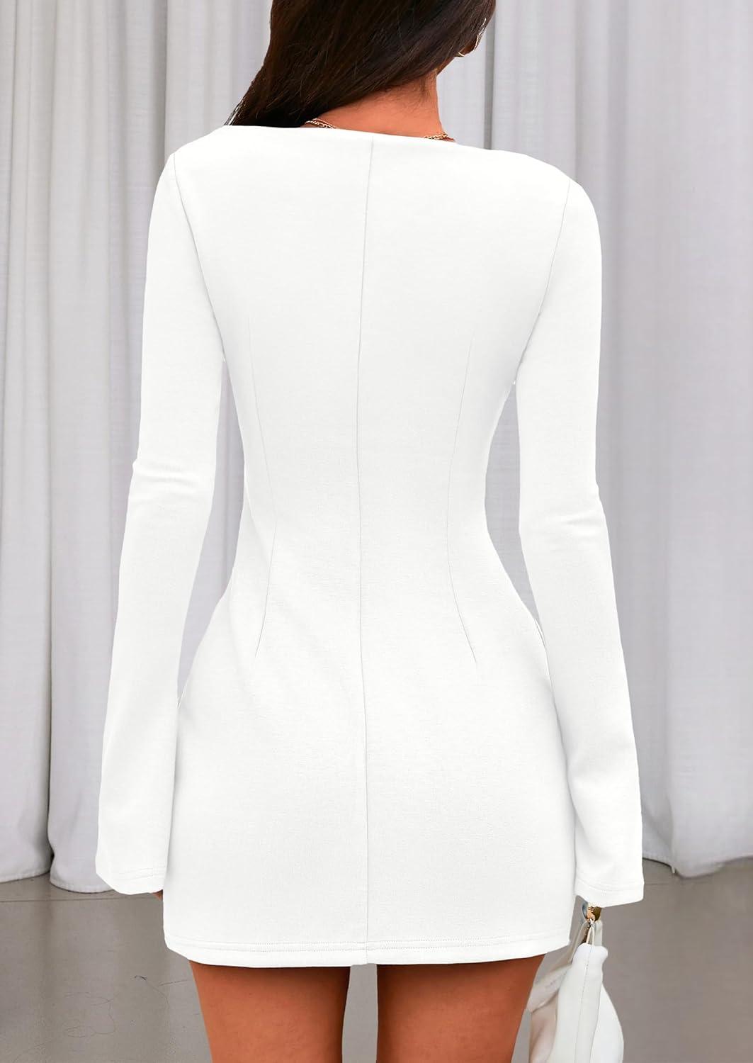 imagePRETTYGARDEN Womens Fall Long Sleeve Mini Dress 2025 Trendy Boat Neck Bodycon Knit Elegant Short Party Formal DressesWhite