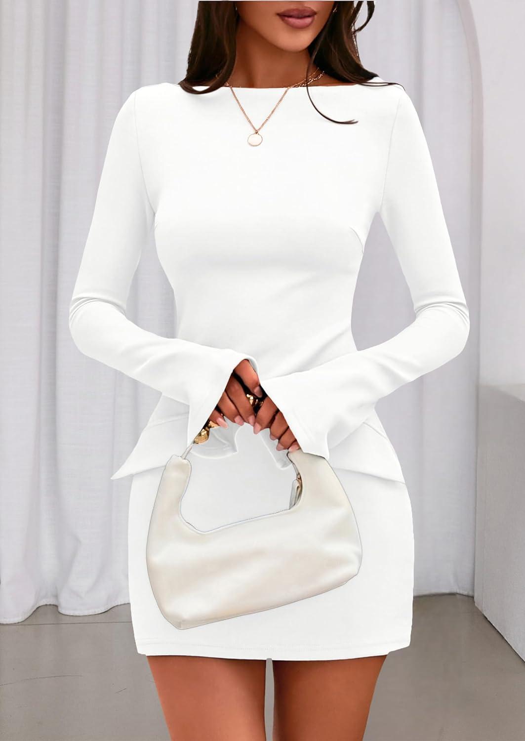 imagePRETTYGARDEN Womens Fall Long Sleeve Mini Dress 2025 Trendy Boat Neck Bodycon Knit Elegant Short Party Formal DressesWhite