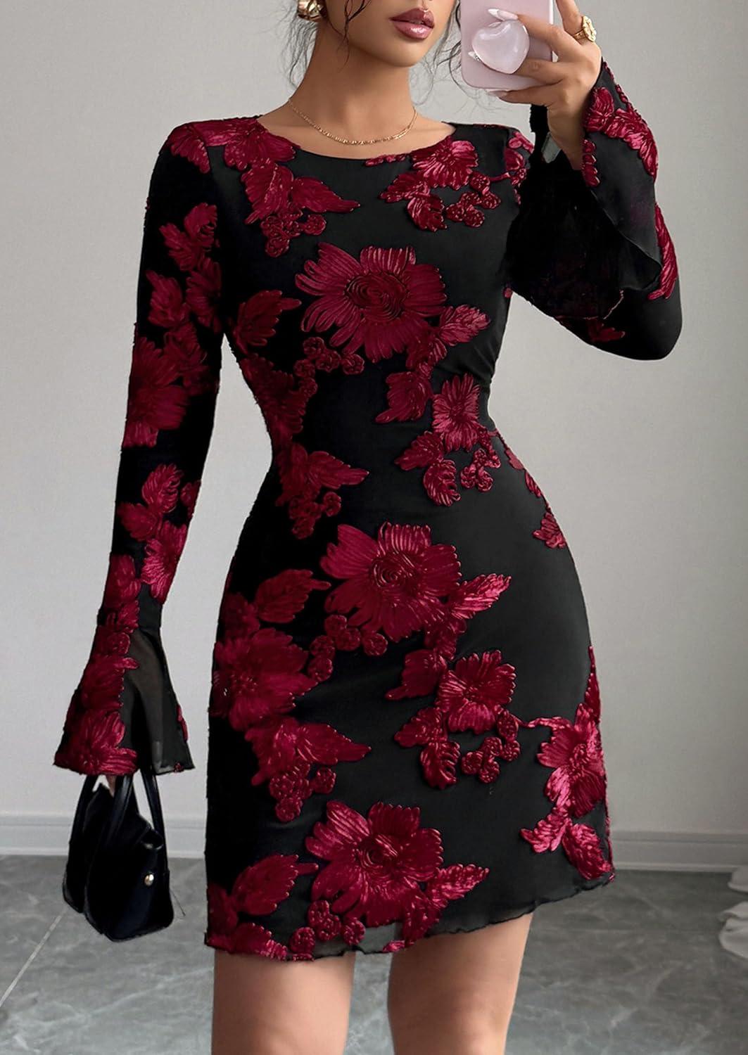 imagePRETTYGARDEN Womens Floral Dress Spring Fall Fashion Long Bell Sleeve Flower Mini Short Mesh Bodycon Party DressesFloral Black Red