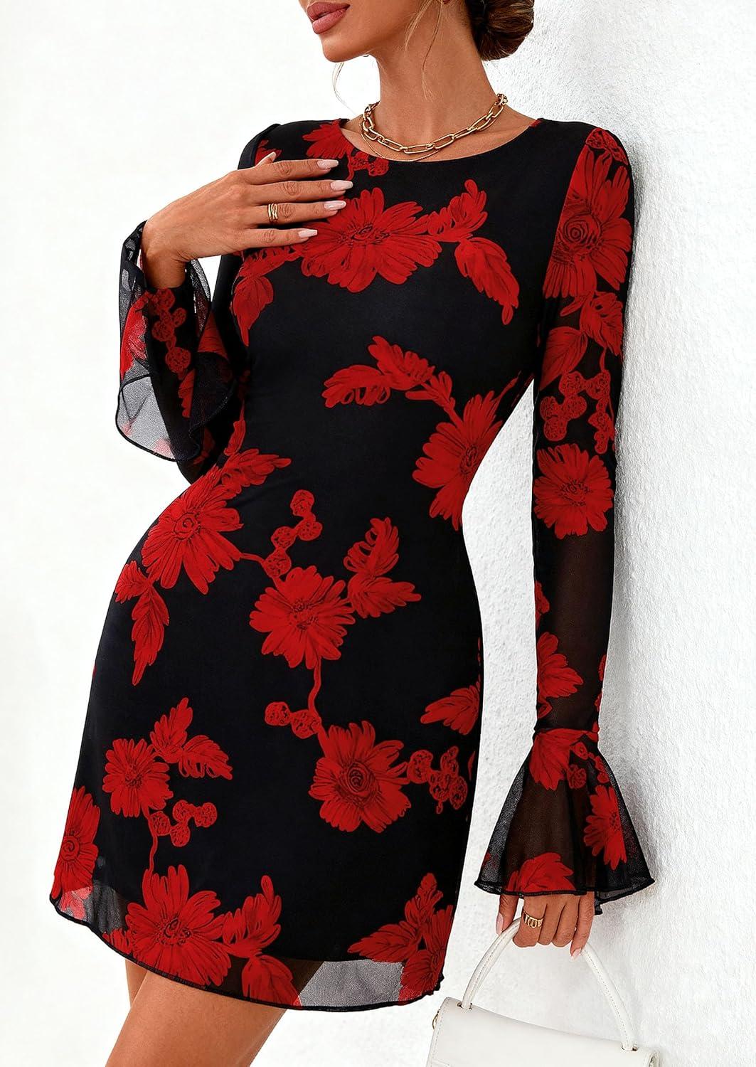 imagePRETTYGARDEN Womens Floral Dress Spring Fall Fashion Long Bell Sleeve Flower Mini Short Mesh Bodycon Party DressesFloral Black Red