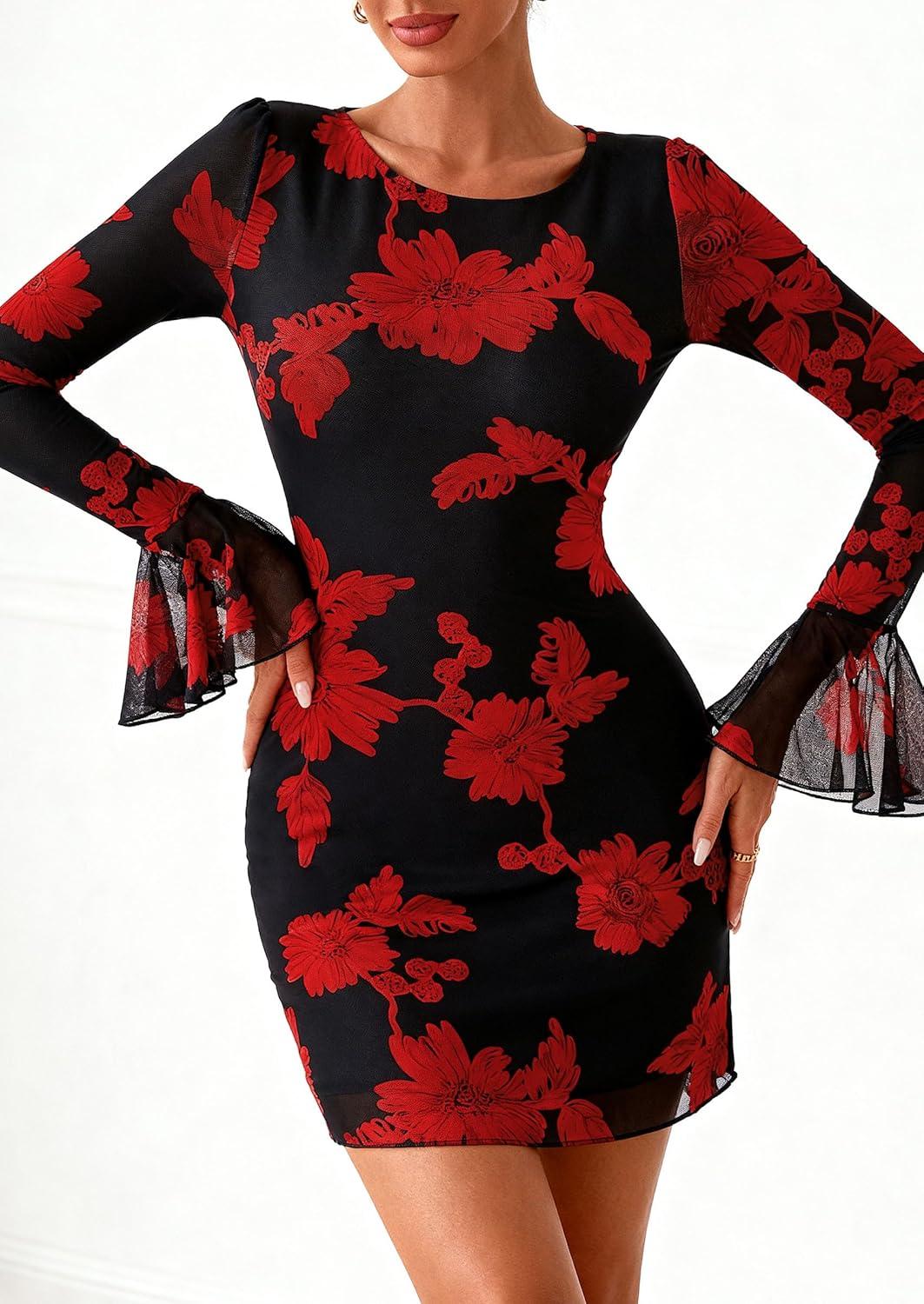 imagePRETTYGARDEN Womens Floral Dress Spring Fall Fashion Long Bell Sleeve Flower Mini Short Mesh Bodycon Party DressesFloral Black Red