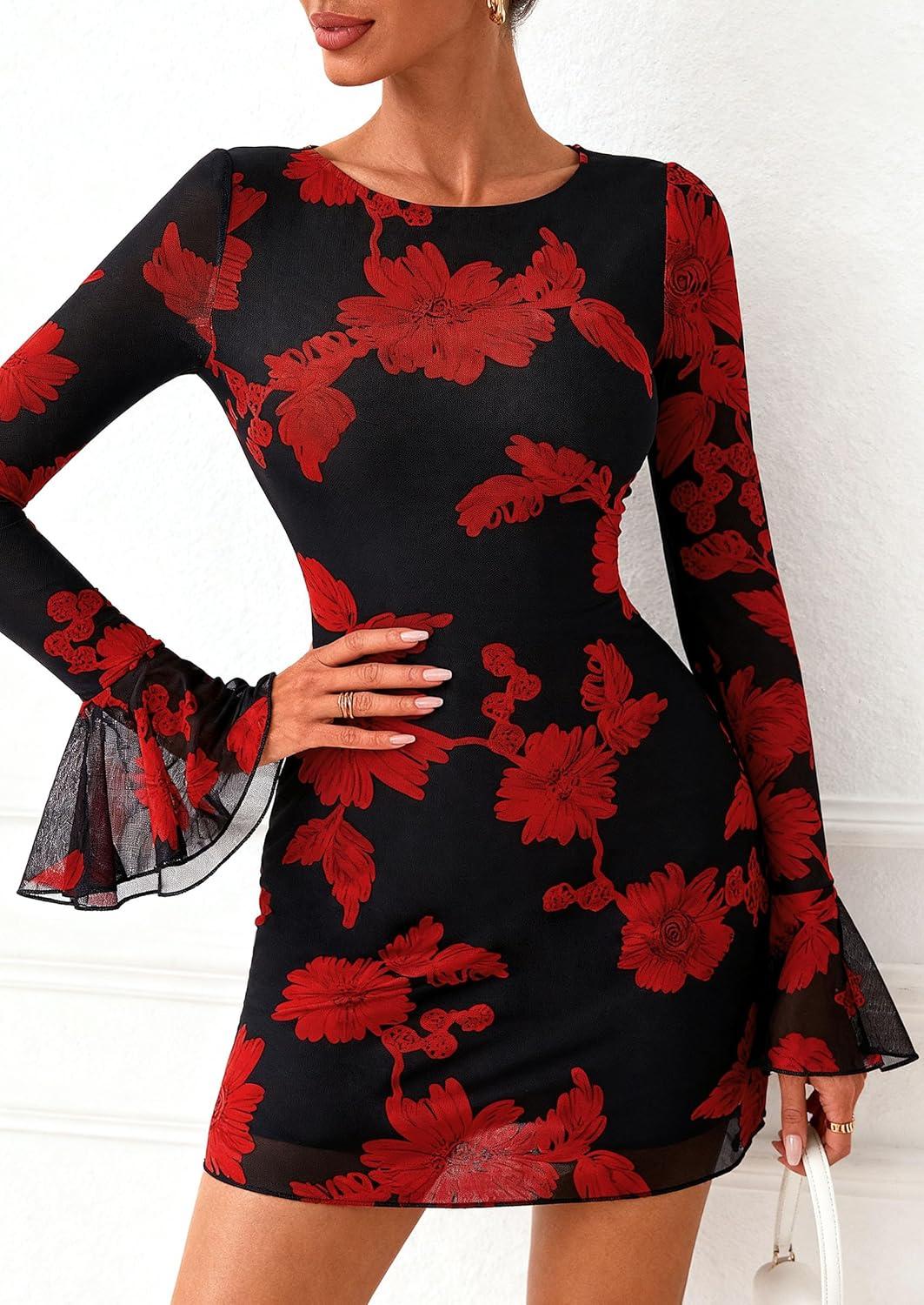 imagePRETTYGARDEN Womens Floral Dress Spring Fall Fashion Long Bell Sleeve Flower Mini Short Mesh Bodycon Party DressesFloral Black Red