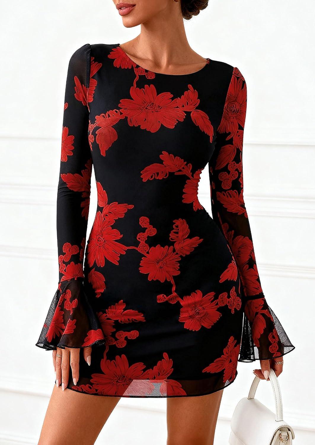 imagePRETTYGARDEN Womens Floral Dress Spring Fall Fashion Long Bell Sleeve Flower Mini Short Mesh Bodycon Party DressesFloral Black Red