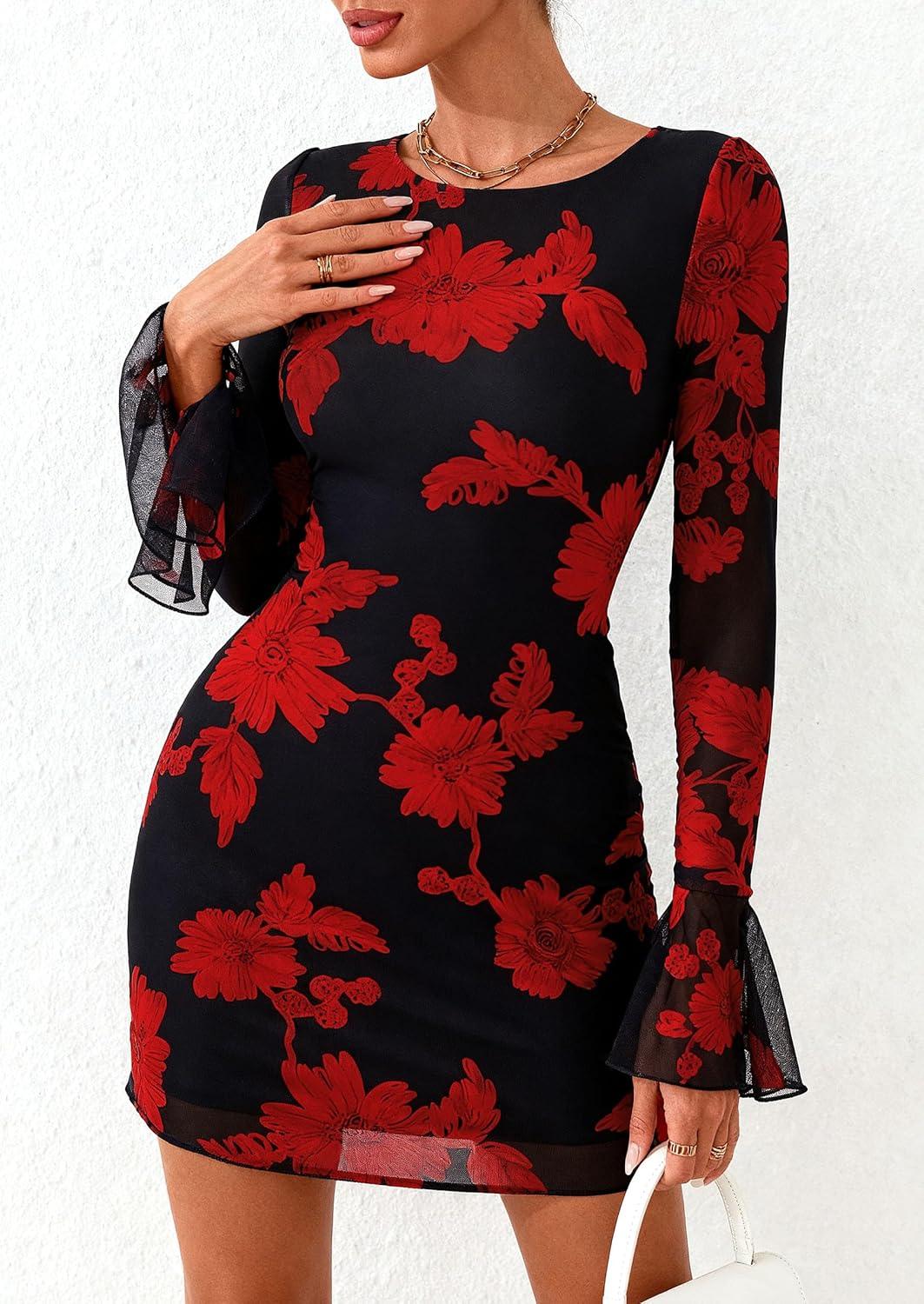 imagePRETTYGARDEN Womens Floral Dress Spring Fall Fashion Long Bell Sleeve Flower Mini Short Mesh Bodycon Party DressesFloral Black Red
