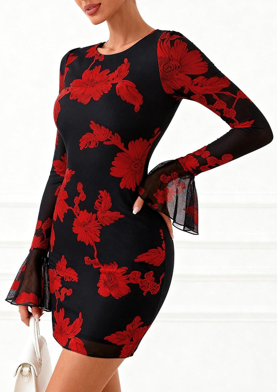 imagePRETTYGARDEN Womens Floral Dress Spring Fall Fashion Long Bell Sleeve Flower Mini Short Mesh Bodycon Party DressesFloral Black Red