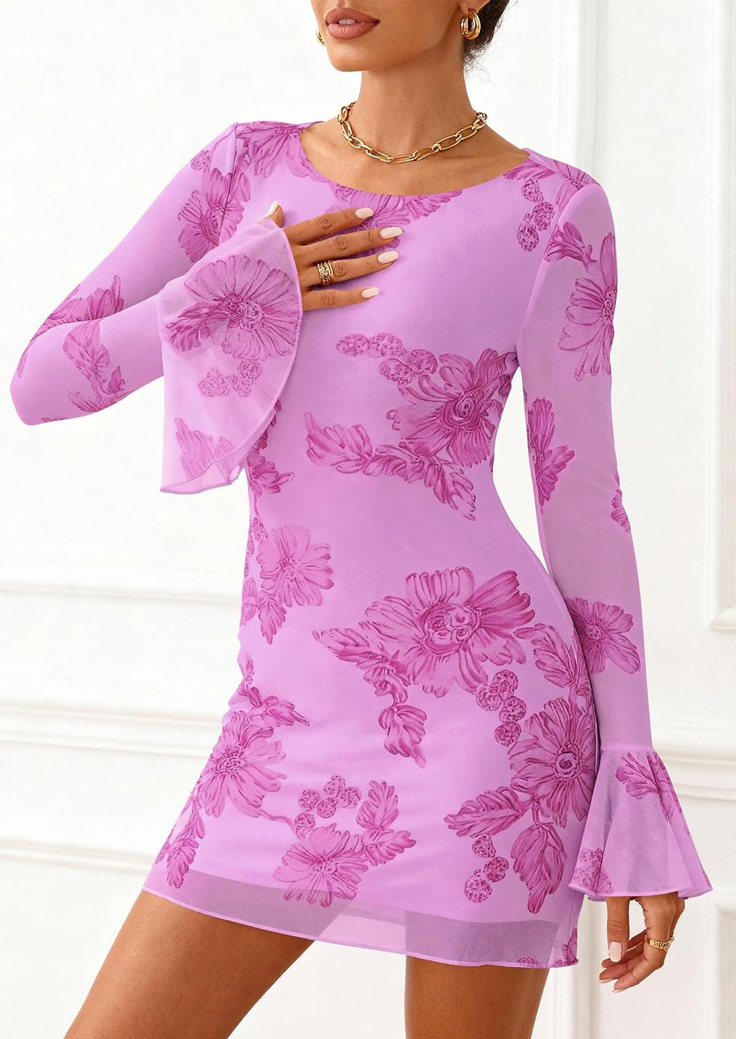imagePRETTYGARDEN Womens Floral Dress Spring Fall Fashion Long Bell Sleeve Flower Mini Short Mesh Bodycon Party DressesLight Purple
