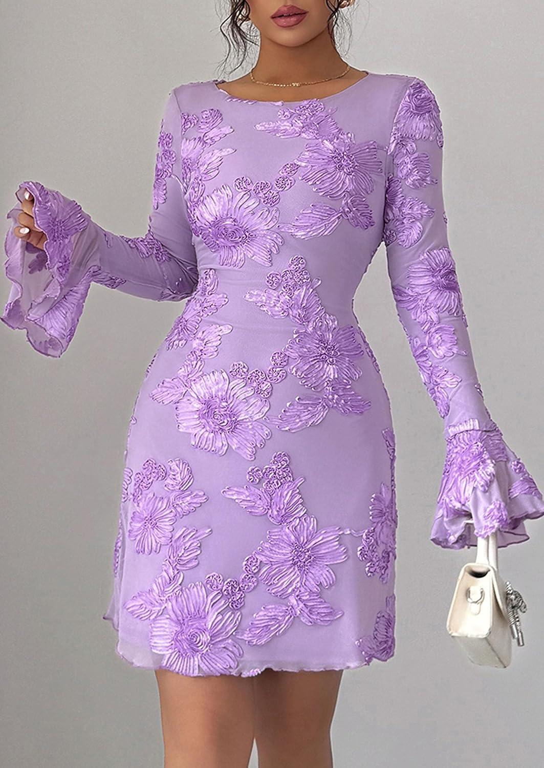 imagePRETTYGARDEN Womens Floral Dress Spring Fall Fashion Long Bell Sleeve Flower Mini Short Mesh Bodycon Party DressesLight Purple