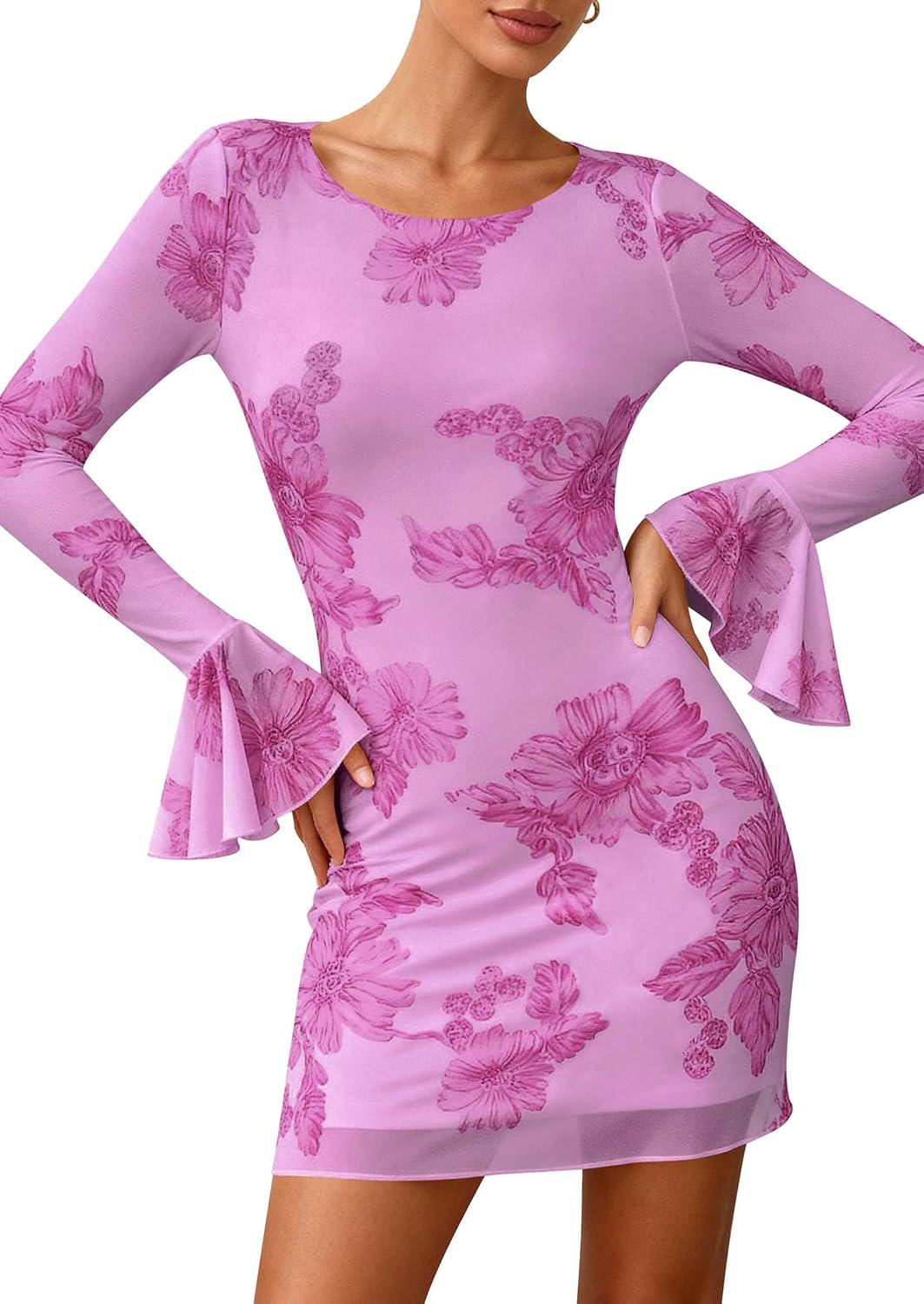 imagePRETTYGARDEN Womens Floral Dress Spring Fall Fashion Long Bell Sleeve Flower Mini Short Mesh Bodycon Party DressesLight Purple
