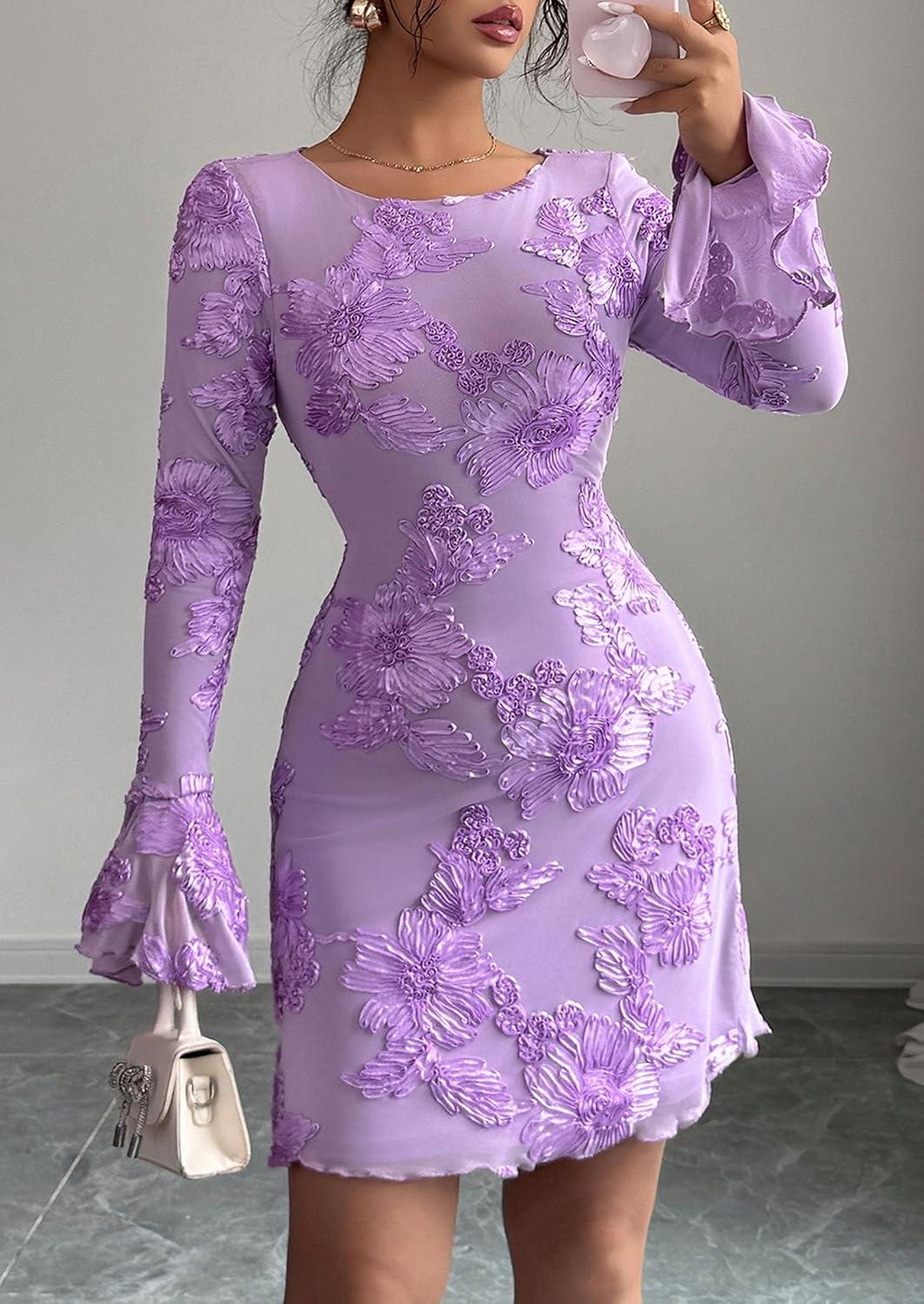 imagePRETTYGARDEN Womens Floral Dress Spring Fall Fashion Long Bell Sleeve Flower Mini Short Mesh Bodycon Party DressesLight Purple