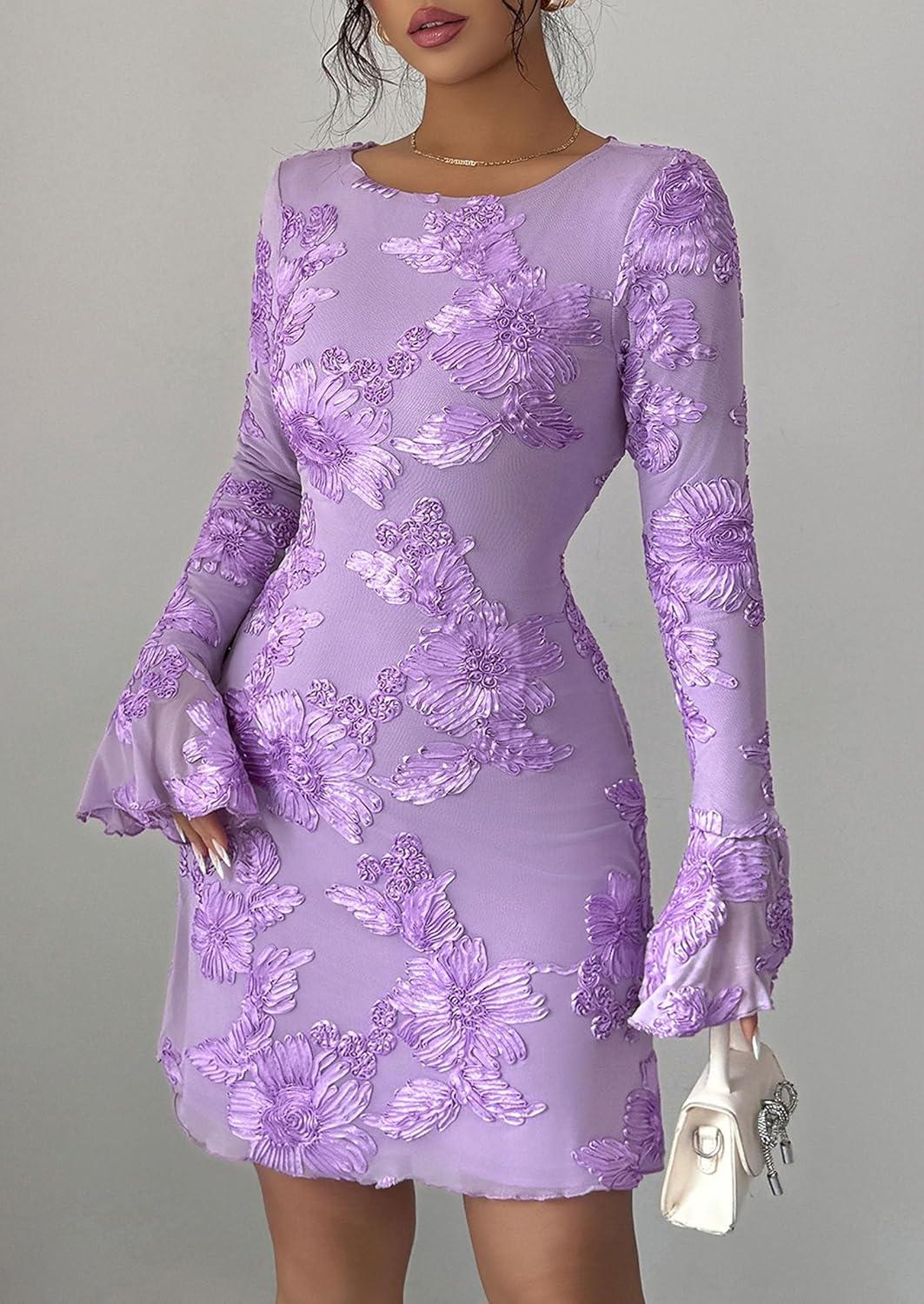 imagePRETTYGARDEN Womens Floral Dress Spring Fall Fashion Long Bell Sleeve Flower Mini Short Mesh Bodycon Party DressesLight Purple
