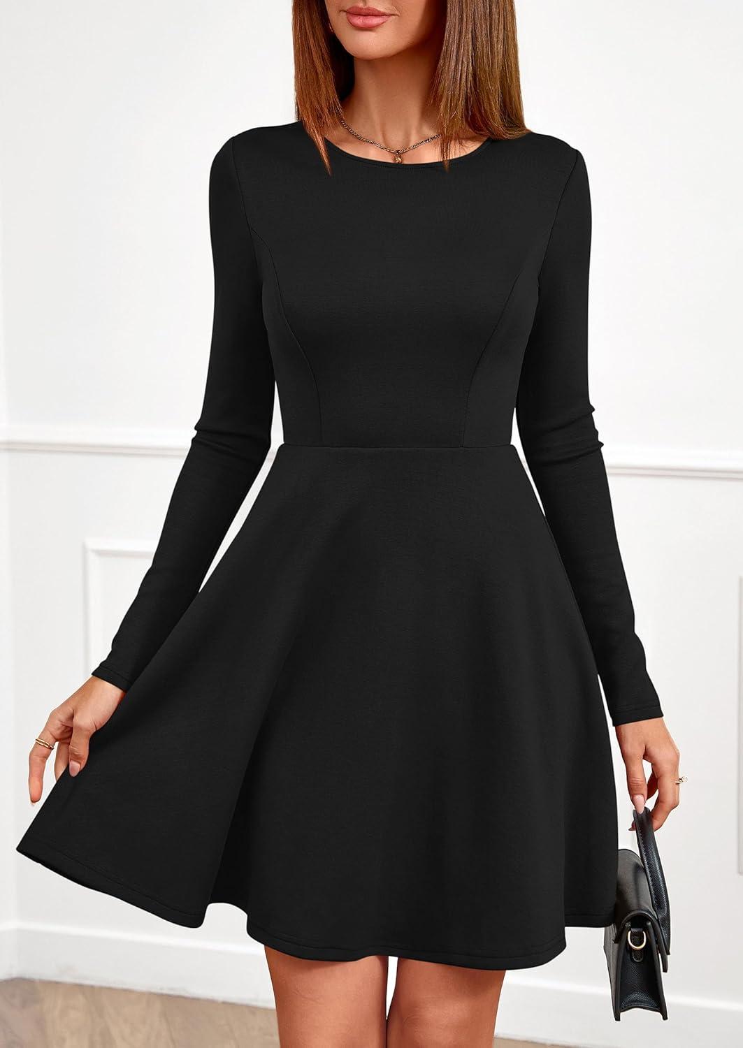 imagePRETTYGARDEN Womens Long Sleeve Cocktail Mini Dress 2026 Fall Crew Neck A Line Homecoming Party Short Dresses Elegant ClassyBlack