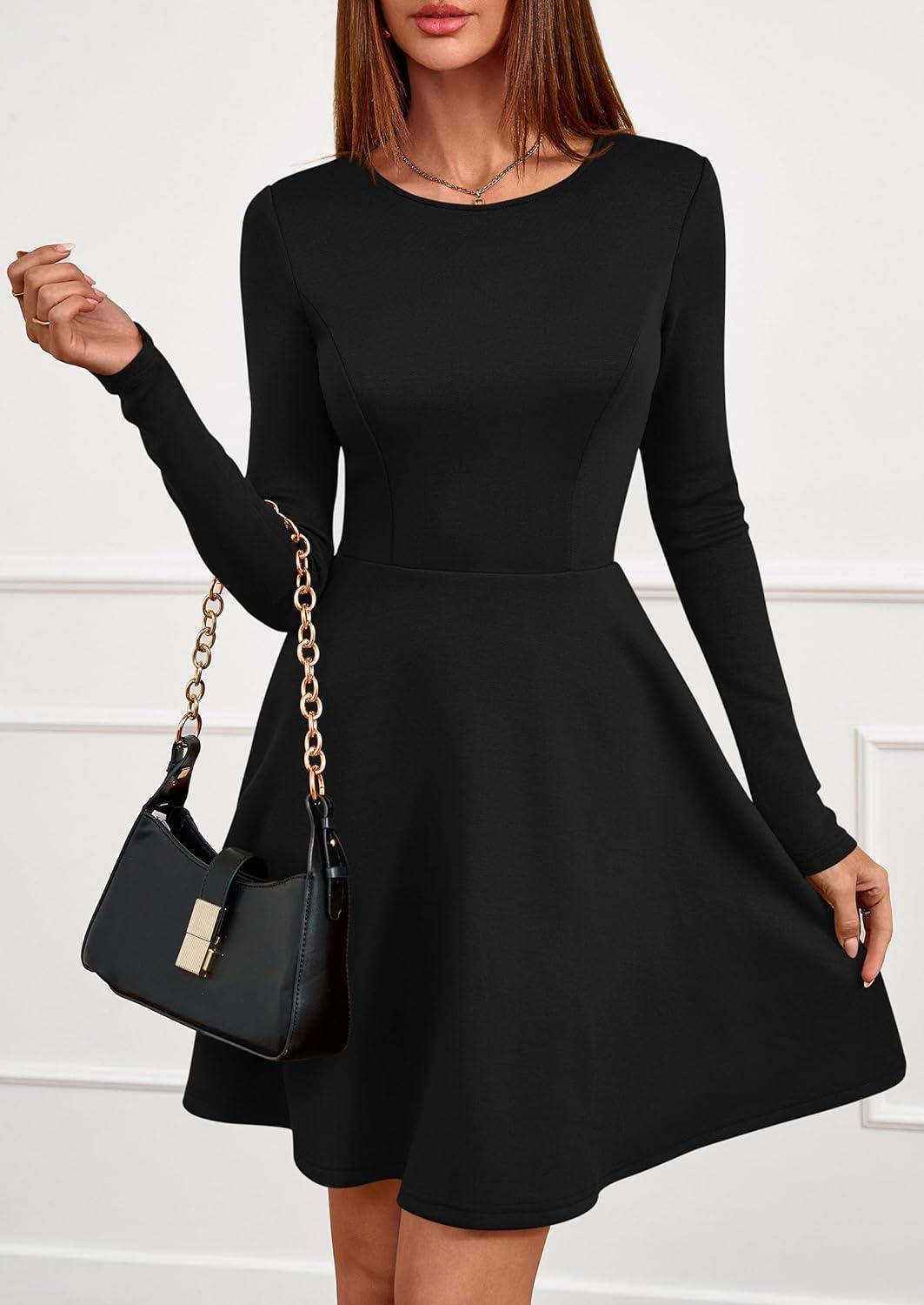 imagePRETTYGARDEN Womens Long Sleeve Cocktail Mini Dress 2026 Fall Crew Neck A Line Homecoming Party Short Dresses Elegant ClassyBlack
