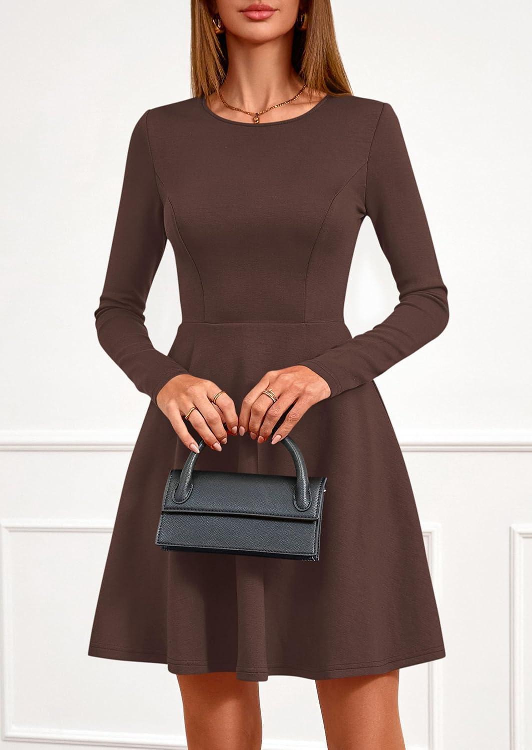 imagePRETTYGARDEN Womens Long Sleeve Cocktail Mini Dress 2026 Fall Crew Neck A Line Homecoming Party Short Dresses Elegant ClassyBrown