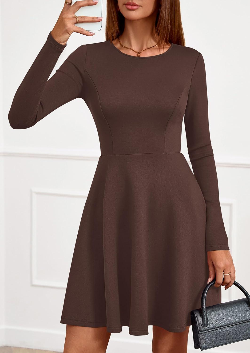 imagePRETTYGARDEN Womens Long Sleeve Cocktail Mini Dress 2026 Fall Crew Neck A Line Homecoming Party Short Dresses Elegant ClassyBrown