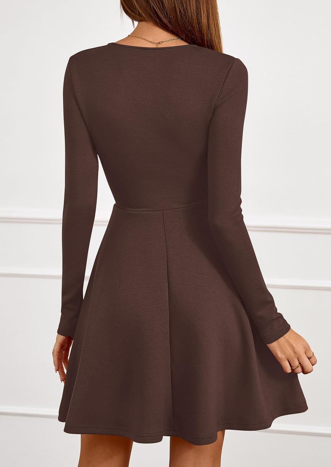 imagePRETTYGARDEN Womens Long Sleeve Cocktail Mini Dress 2026 Fall Crew Neck A Line Homecoming Party Short Dresses Elegant ClassyBrown