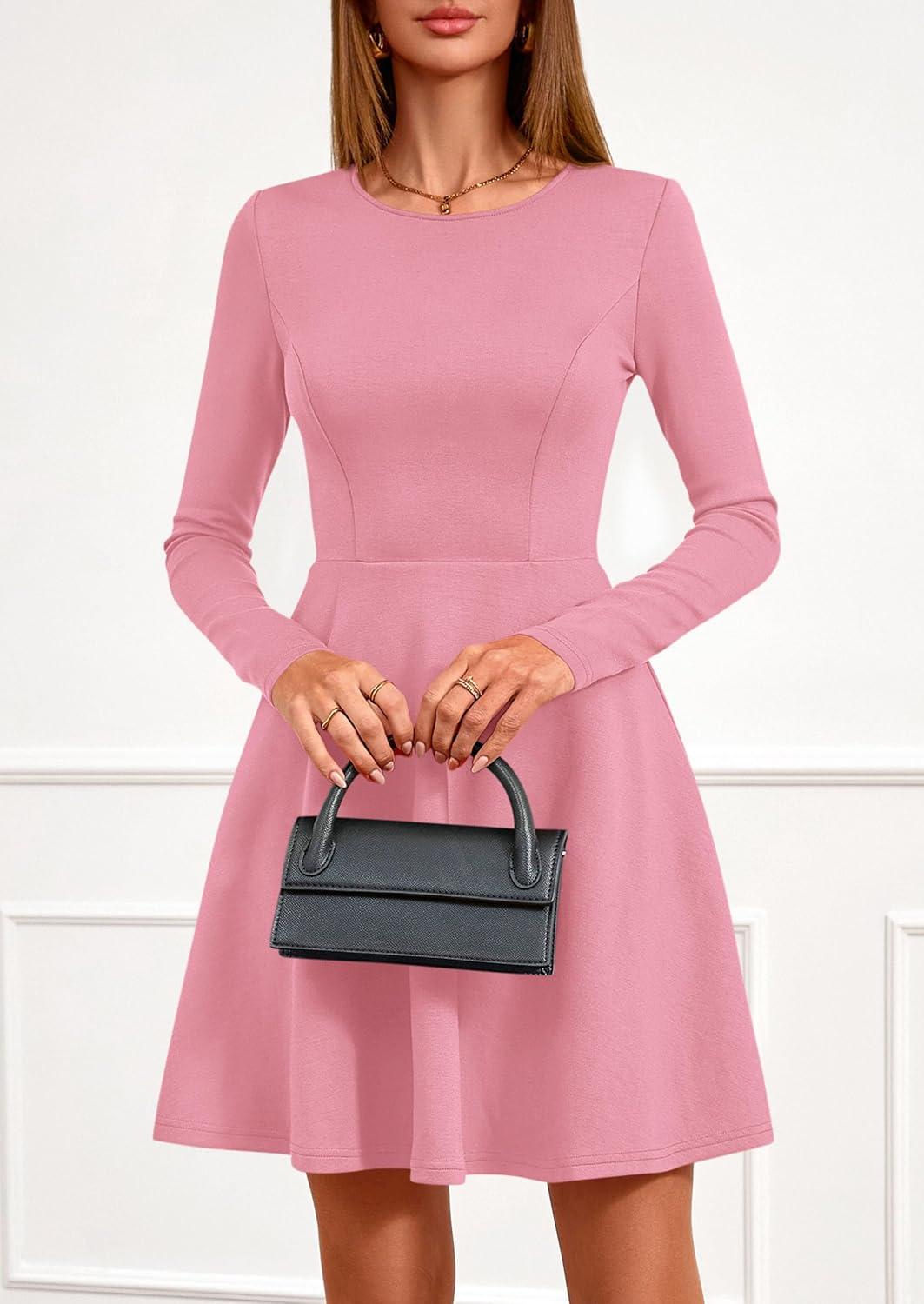 imagePRETTYGARDEN Womens Long Sleeve Cocktail Mini Dress 2026 Fall Crew Neck A Line Homecoming Party Short Dresses Elegant ClassyPink