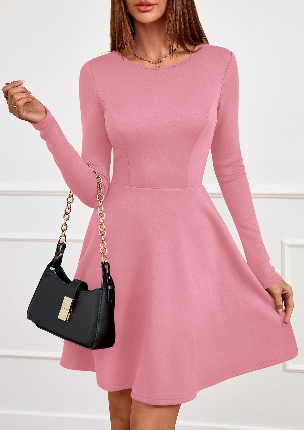 imagePRETTYGARDEN Womens Long Sleeve Cocktail Mini Dress 2026 Fall Crew Neck A Line Homecoming Party Short Dresses Elegant ClassyPink