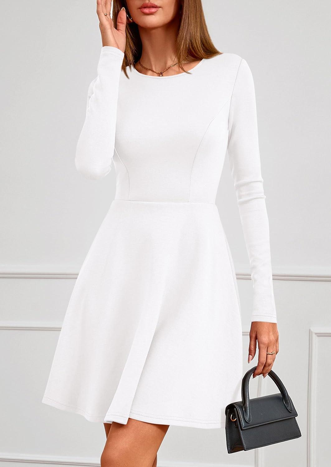 imagePRETTYGARDEN Womens Long Sleeve Cocktail Mini Dress 2026 Fall Crew Neck A Line Homecoming Party Short Dresses Elegant ClassyWhite