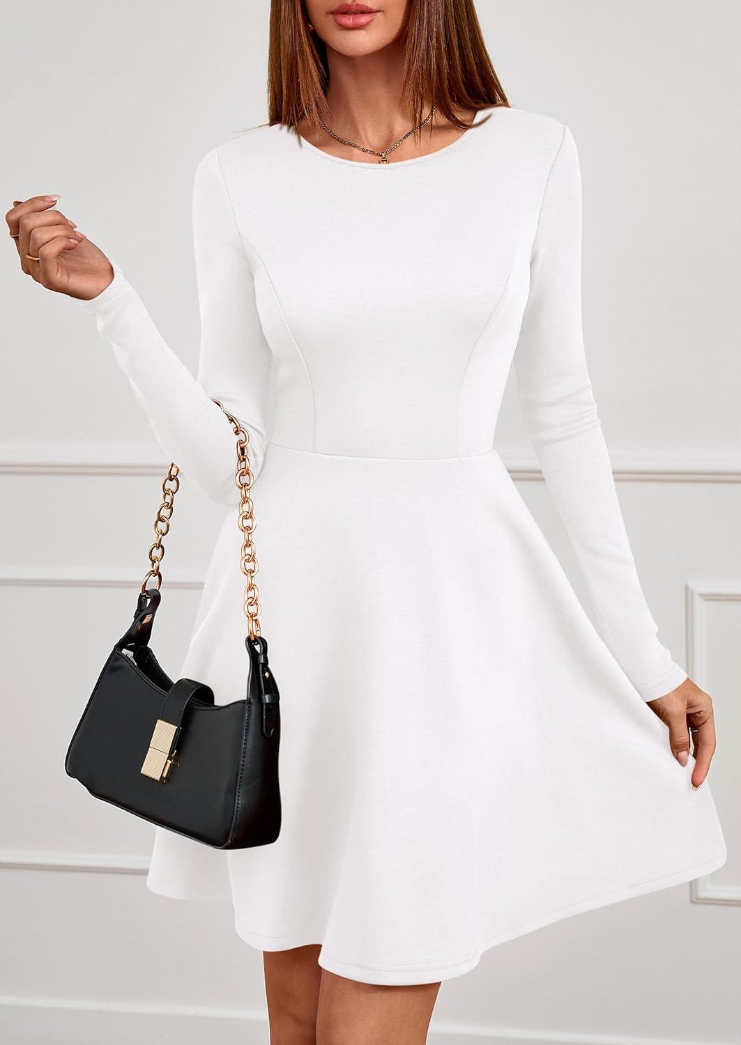 imagePRETTYGARDEN Womens Long Sleeve Cocktail Mini Dress 2026 Fall Crew Neck A Line Homecoming Party Short Dresses Elegant ClassyWhite