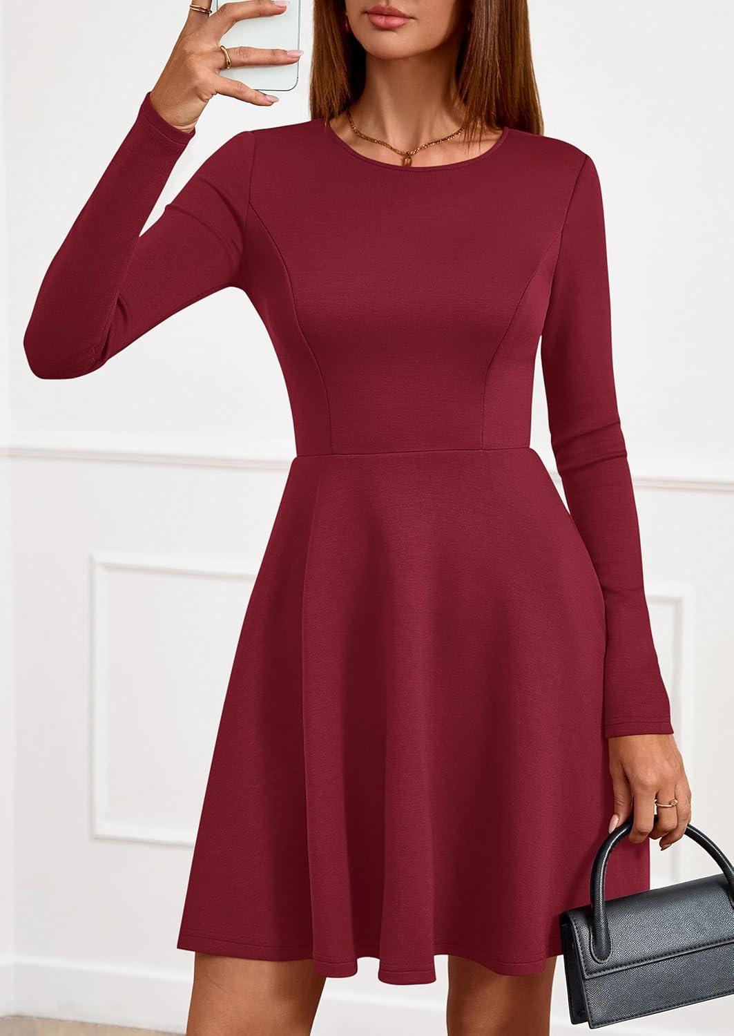 imagePRETTYGARDEN Womens Long Sleeve Cocktail Mini Dress 2026 Fall Crew Neck A Line Homecoming Party Short Dresses Elegant ClassyWine Red