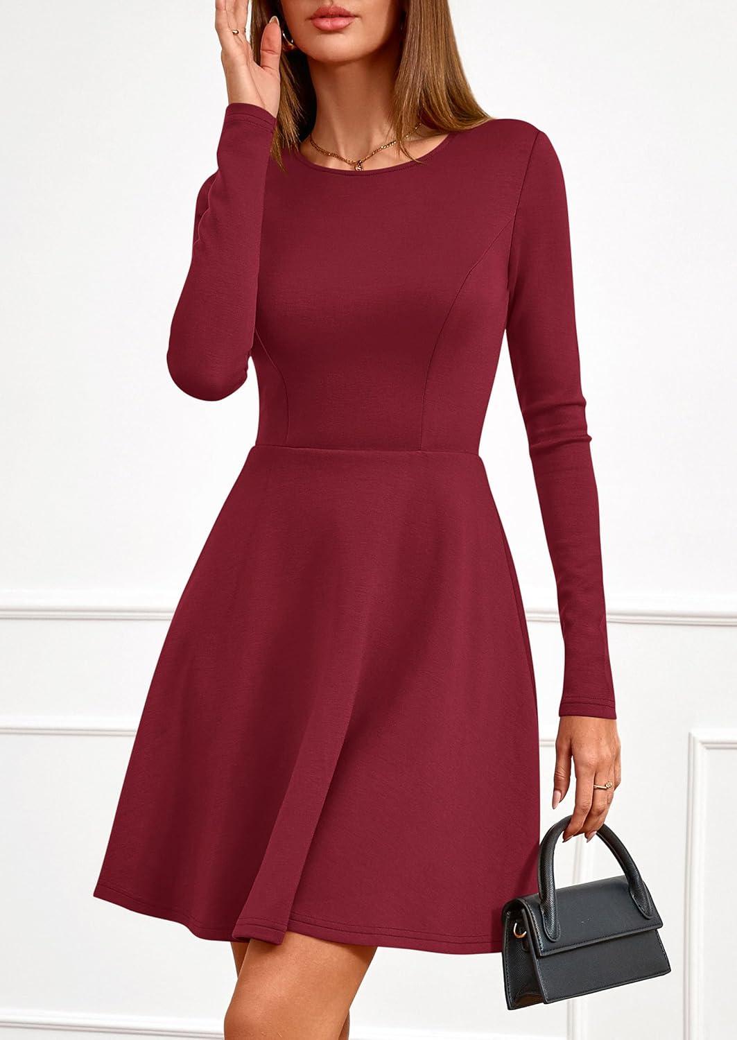 imagePRETTYGARDEN Womens Long Sleeve Cocktail Mini Dress 2026 Fall Crew Neck A Line Homecoming Party Short Dresses Elegant ClassyWine Red