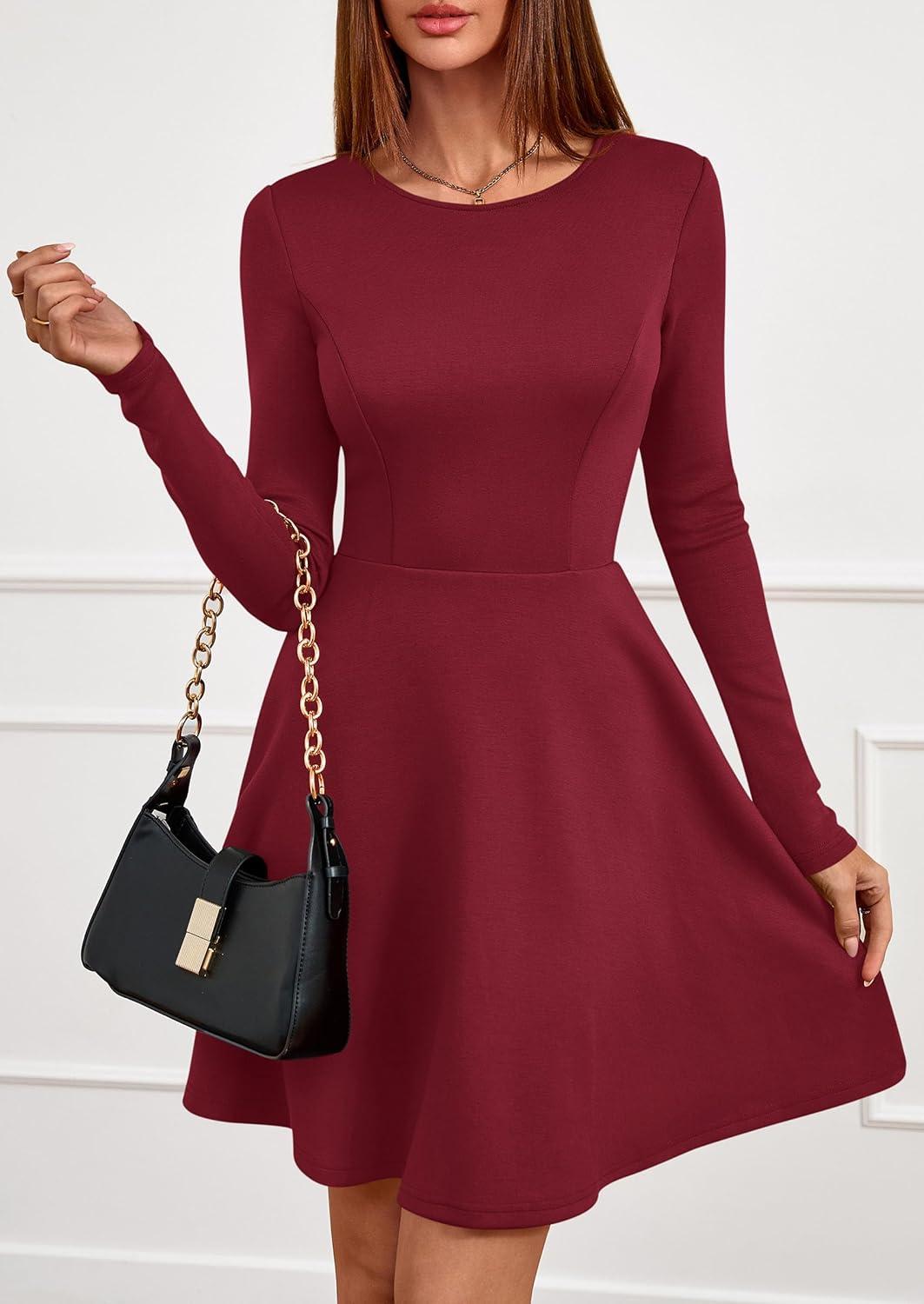 imagePRETTYGARDEN Womens Long Sleeve Cocktail Mini Dress 2026 Fall Crew Neck A Line Homecoming Party Short Dresses Elegant ClassyWine Red