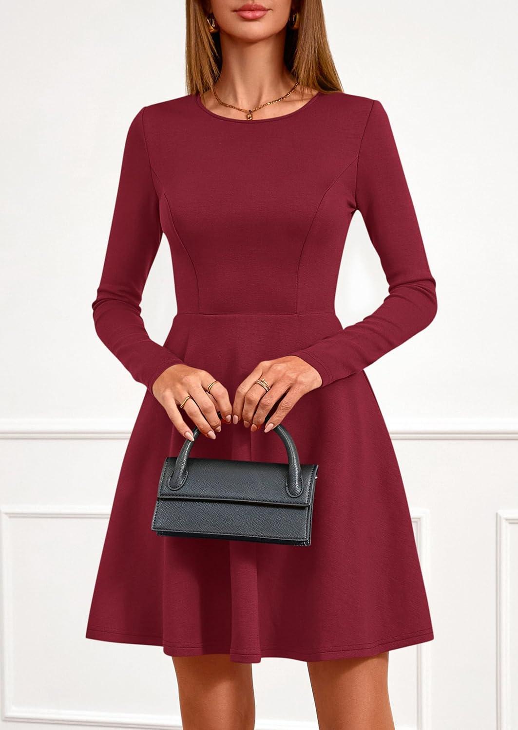 imagePRETTYGARDEN Womens Long Sleeve Cocktail Mini Dress 2026 Fall Crew Neck A Line Homecoming Party Short Dresses Elegant ClassyWine Red