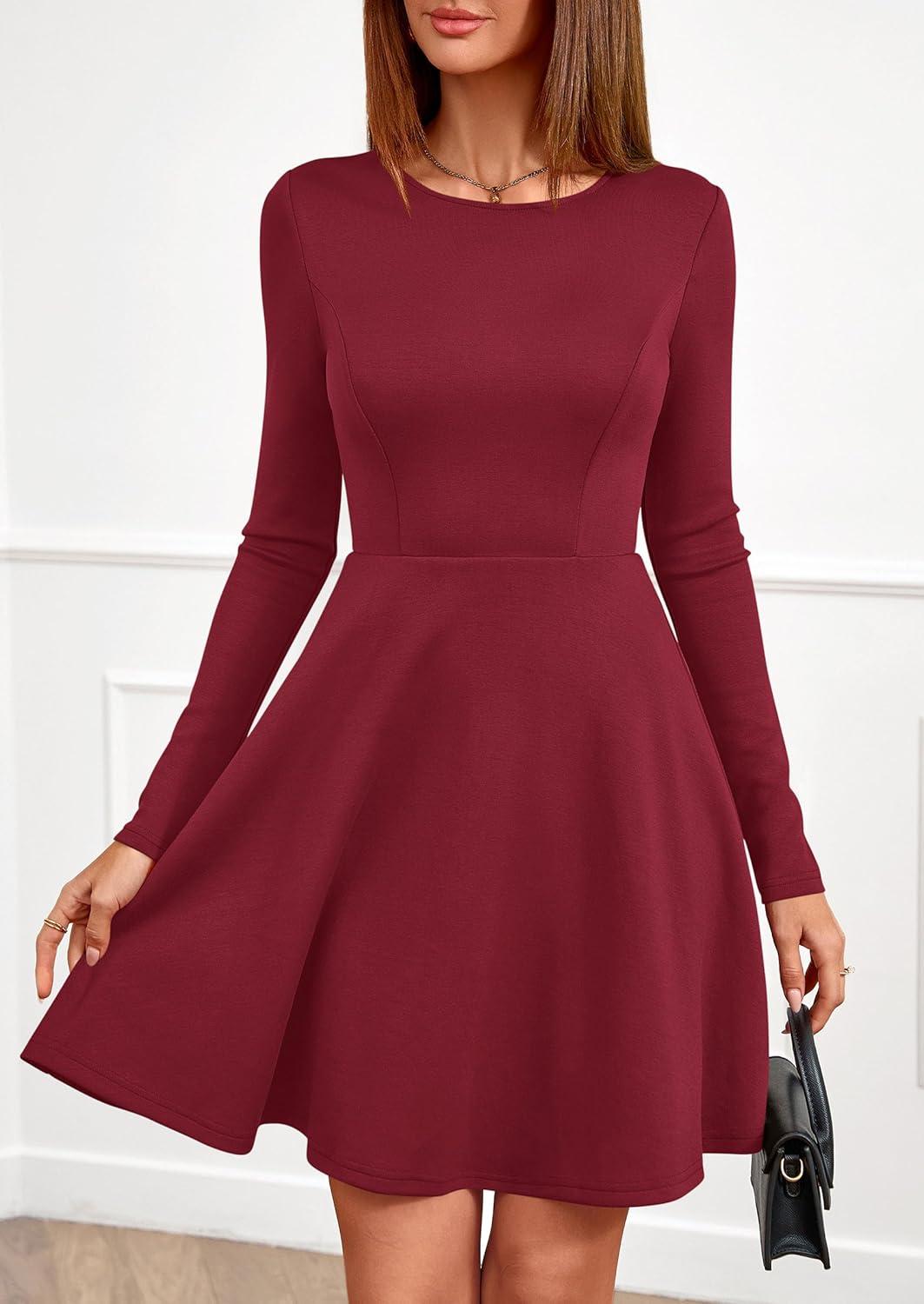 imagePRETTYGARDEN Womens Long Sleeve Cocktail Mini Dress 2026 Fall Crew Neck A Line Homecoming Party Short Dresses Elegant ClassyWine Red