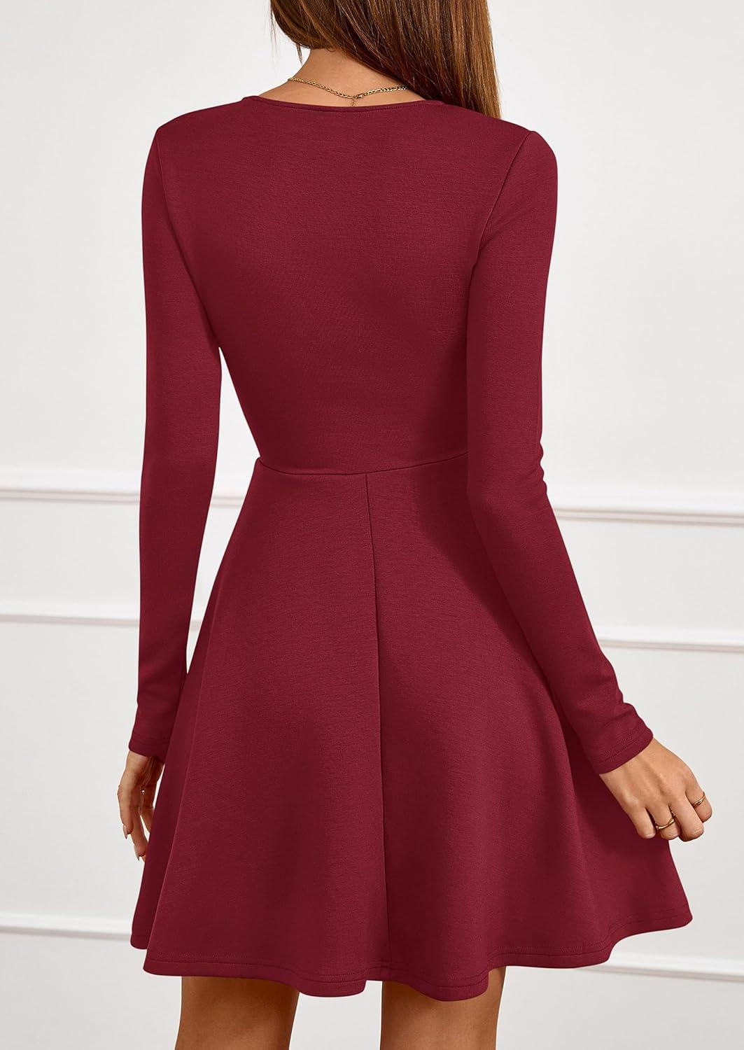 imagePRETTYGARDEN Womens Long Sleeve Cocktail Mini Dress 2026 Fall Crew Neck A Line Homecoming Party Short Dresses Elegant ClassyWine Red