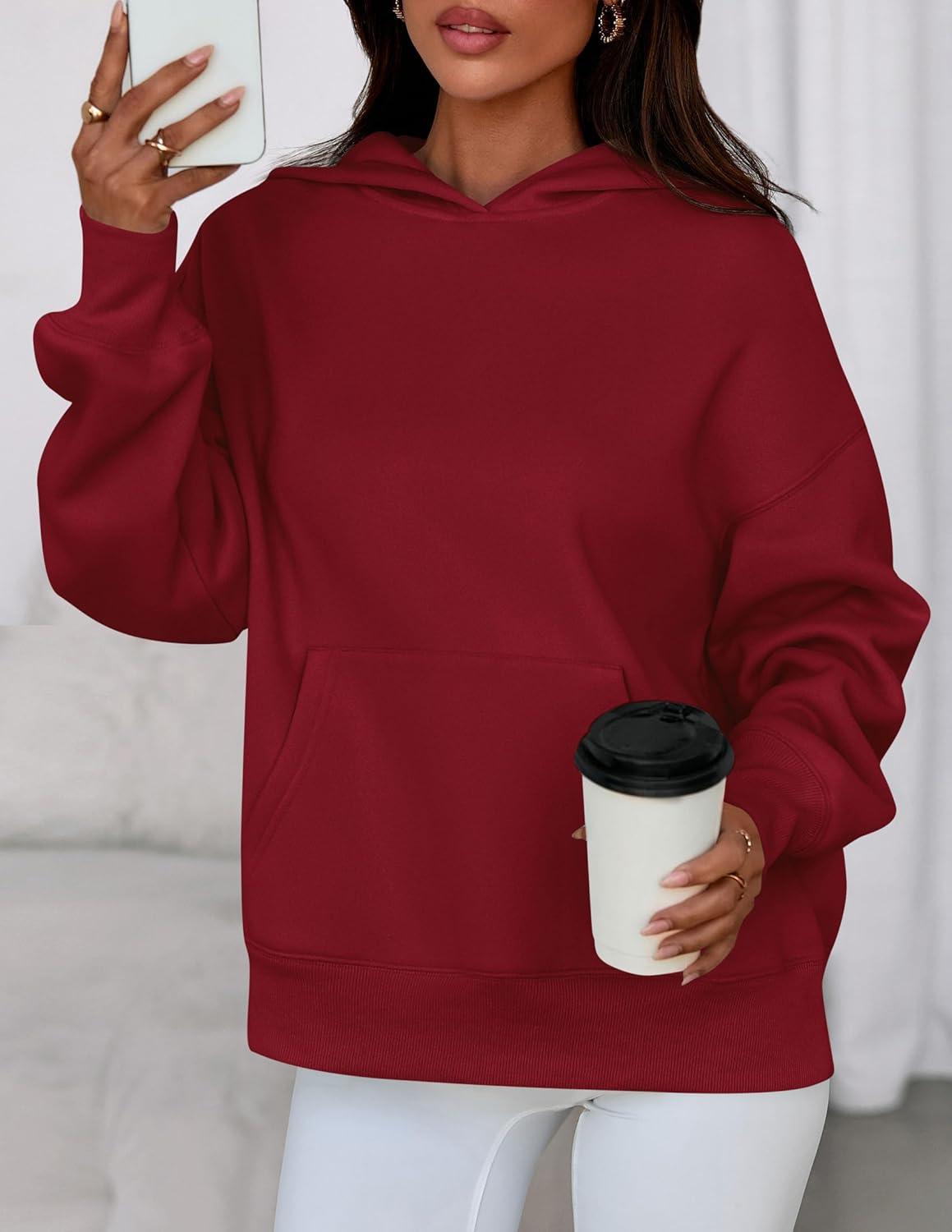 imagePRETTYGARDEN Womens Oversized Hoodies Fleece Sweatshirts Fall Fashion 2026 Long Sleeve Pullover Tops Y2k Winter ClothesBurgundy