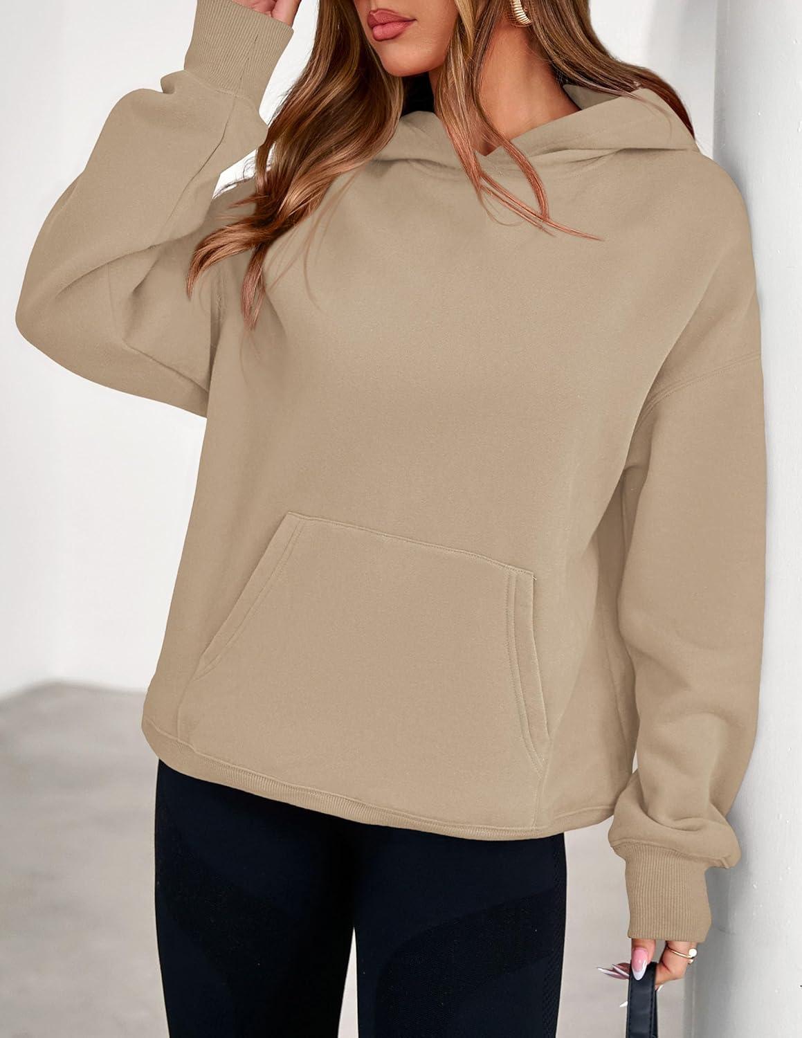 imagePRETTYGARDEN Womens Oversized Hoodies Fleece Sweatshirts Fall Fashion 2026 Long Sleeve Pullover Tops Y2k Winter ClothesKhaki