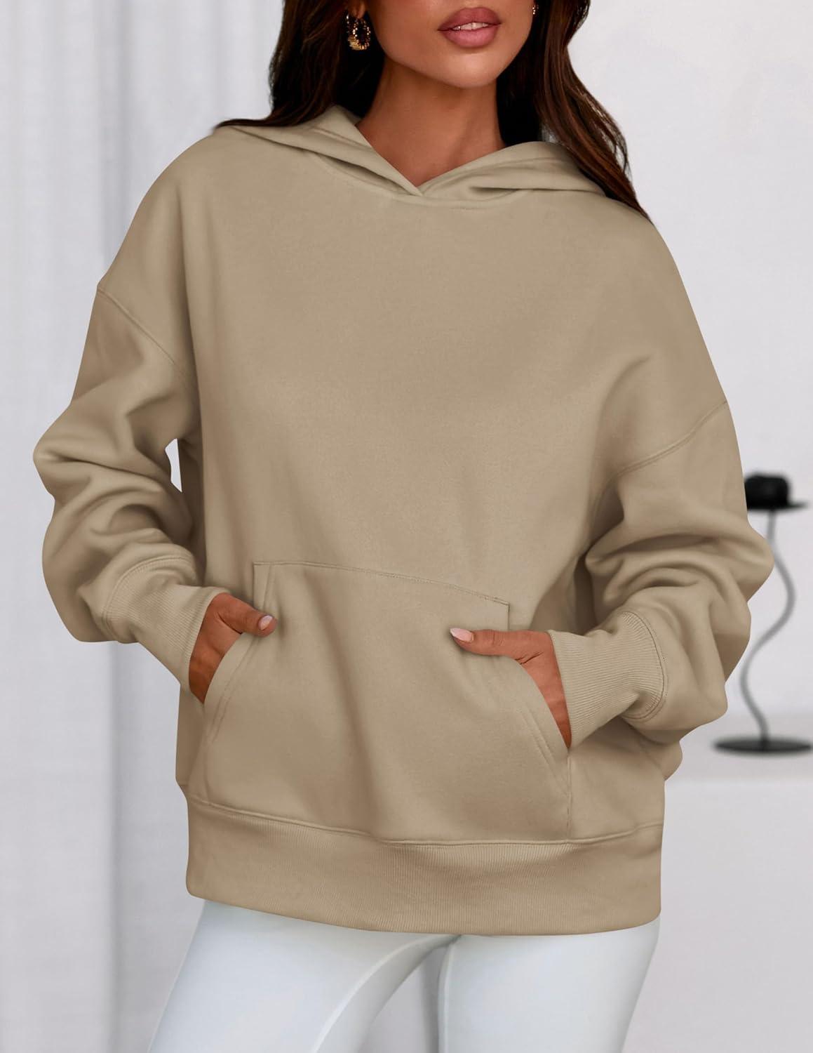 imagePRETTYGARDEN Womens Oversized Hoodies Fleece Sweatshirts Fall Fashion 2026 Long Sleeve Pullover Tops Y2k Winter ClothesKhaki