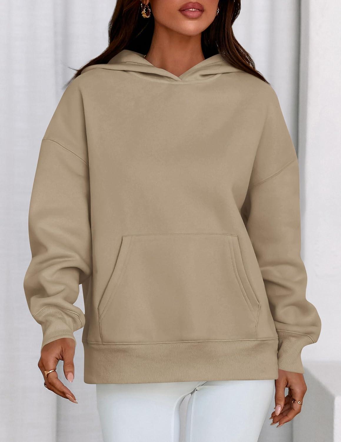 imagePRETTYGARDEN Womens Oversized Hoodies Fleece Sweatshirts Fall Fashion 2026 Long Sleeve Pullover Tops Y2k Winter ClothesKhaki