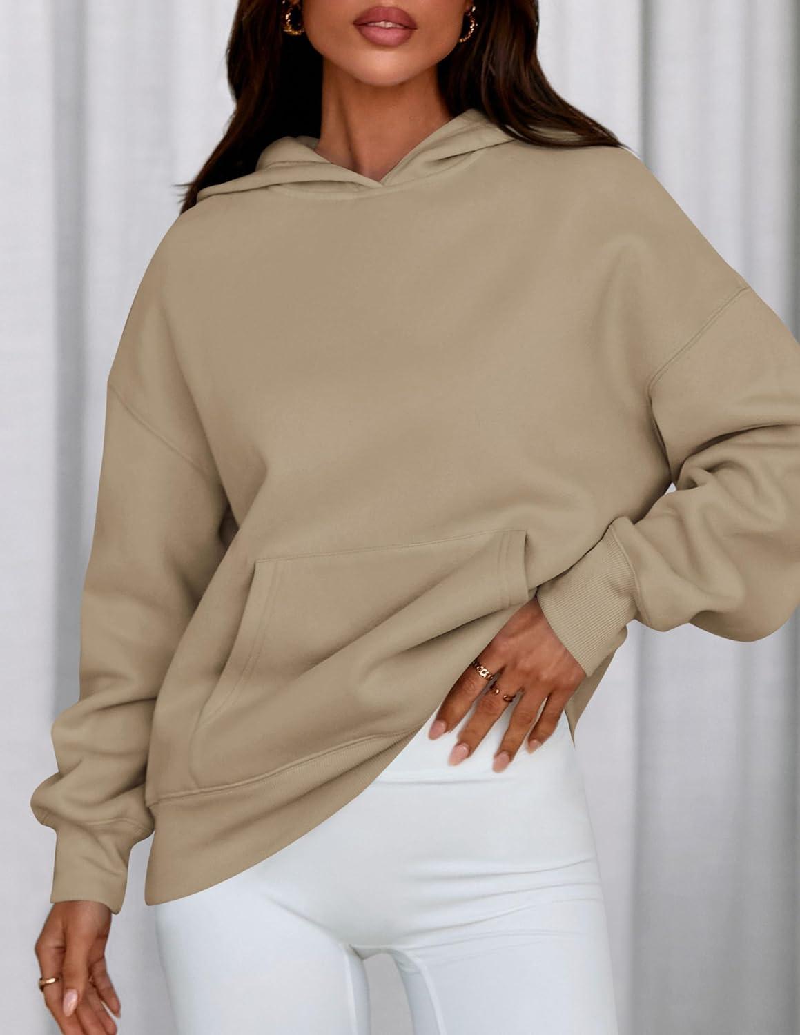 imagePRETTYGARDEN Womens Oversized Hoodies Fleece Sweatshirts Fall Fashion 2026 Long Sleeve Pullover Tops Y2k Winter ClothesKhaki