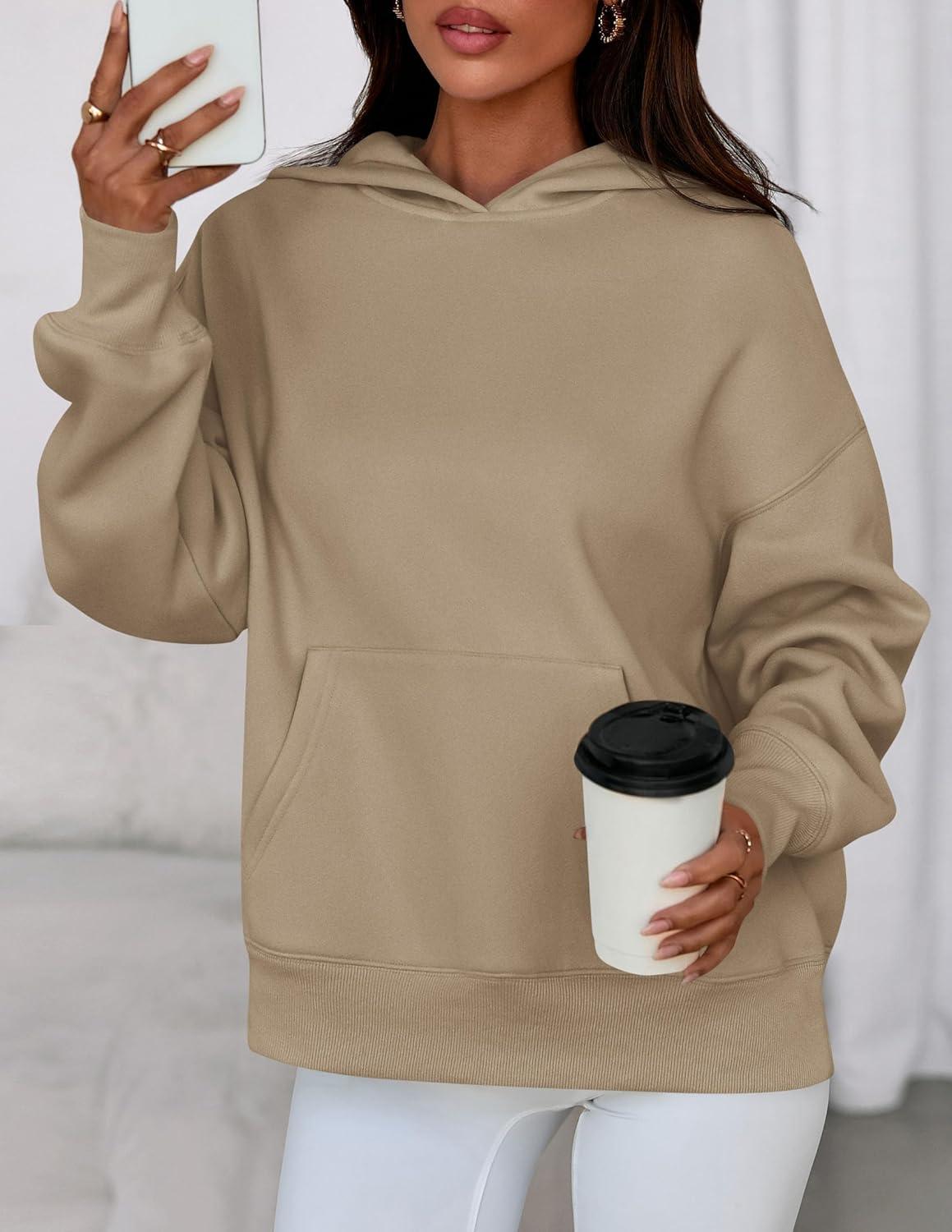 imagePRETTYGARDEN Womens Oversized Hoodies Fleece Sweatshirts Fall Fashion 2026 Long Sleeve Pullover Tops Y2k Winter ClothesKhaki