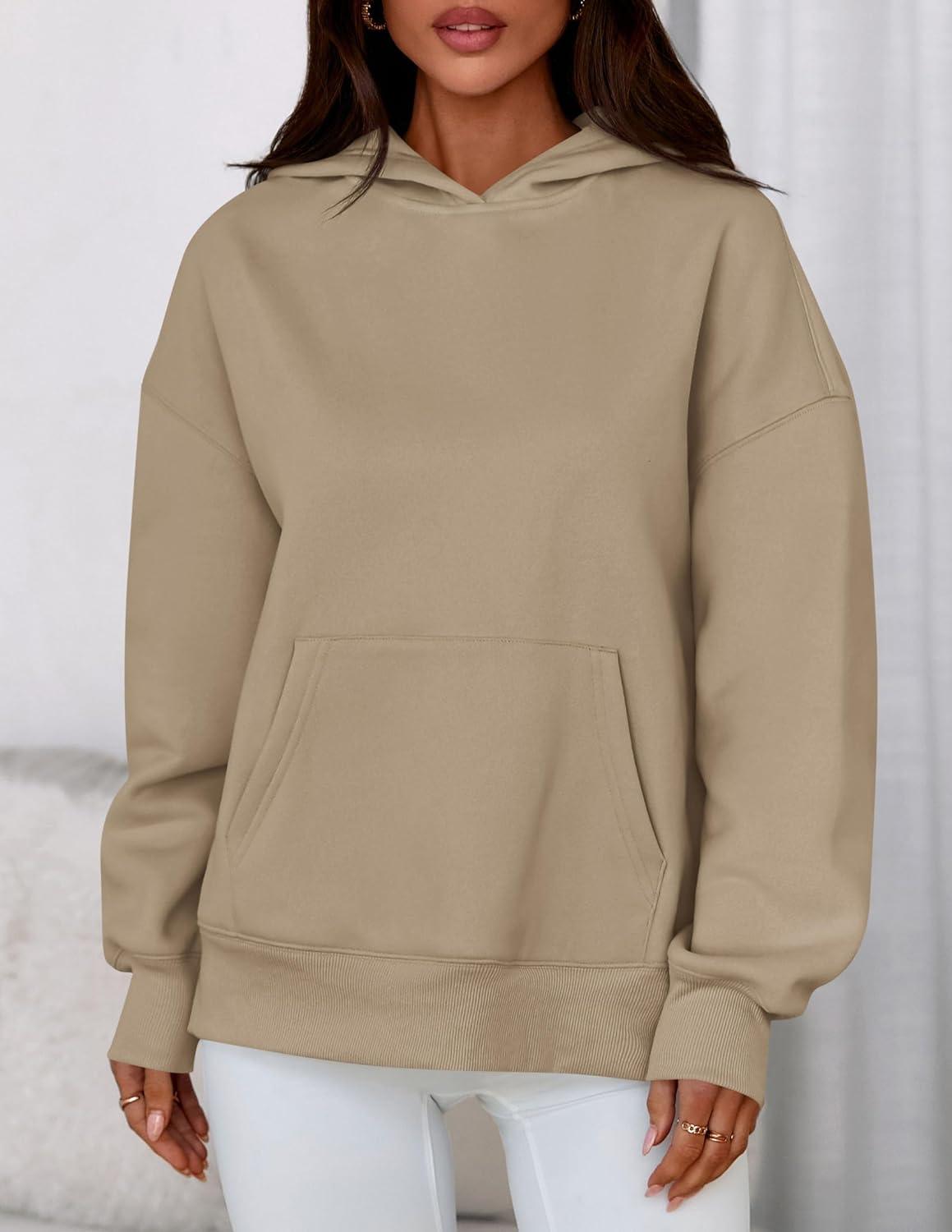 imagePRETTYGARDEN Womens Oversized Hoodies Fleece Sweatshirts Fall Fashion 2026 Long Sleeve Pullover Tops Y2k Winter ClothesKhaki