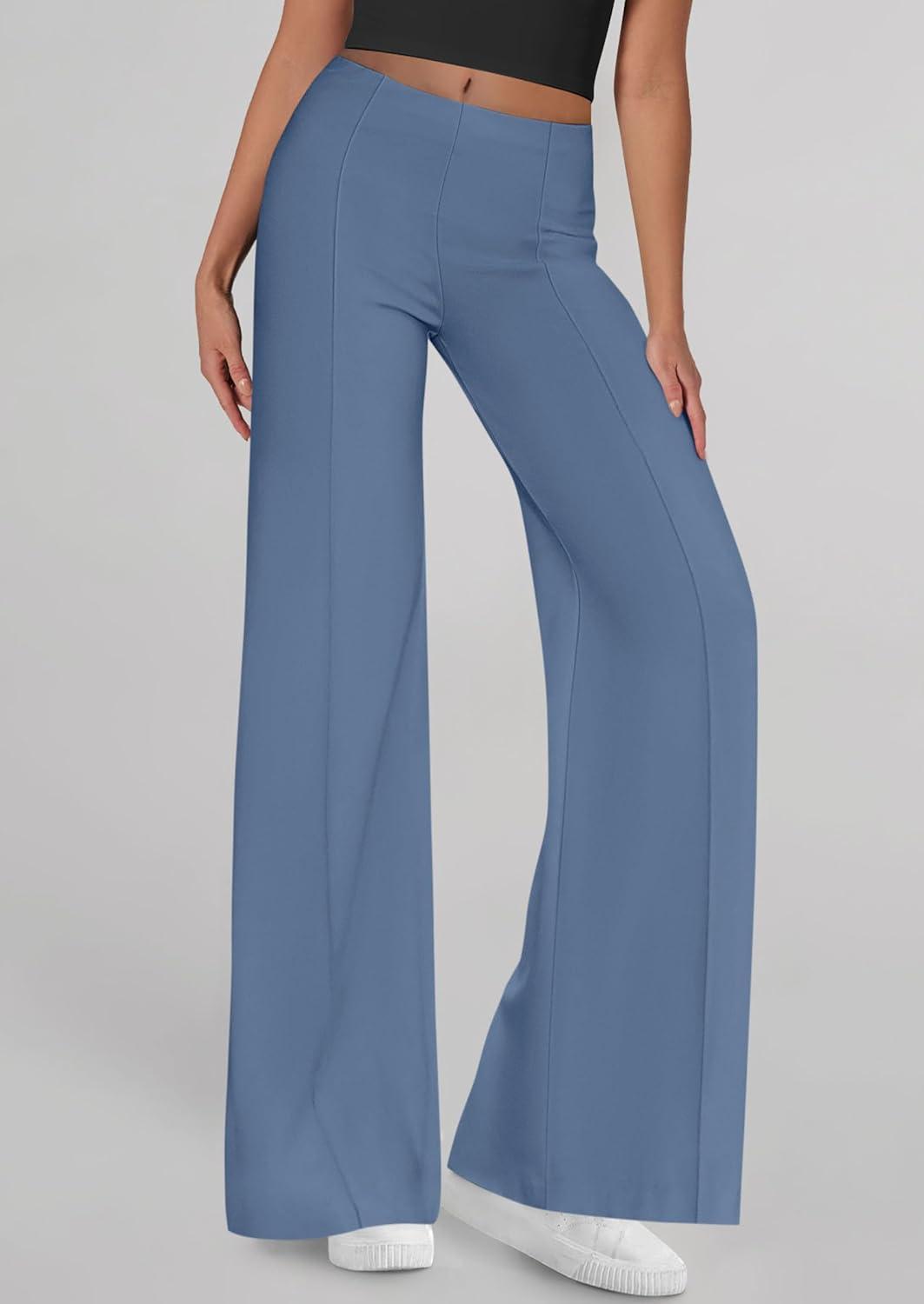 imagePRETTYGARDEN Womens Wide Leg Palazzo Pants 2026 Dressy Casual Lounge Workout Sweatpants High Waisted TrousersGrey Blue