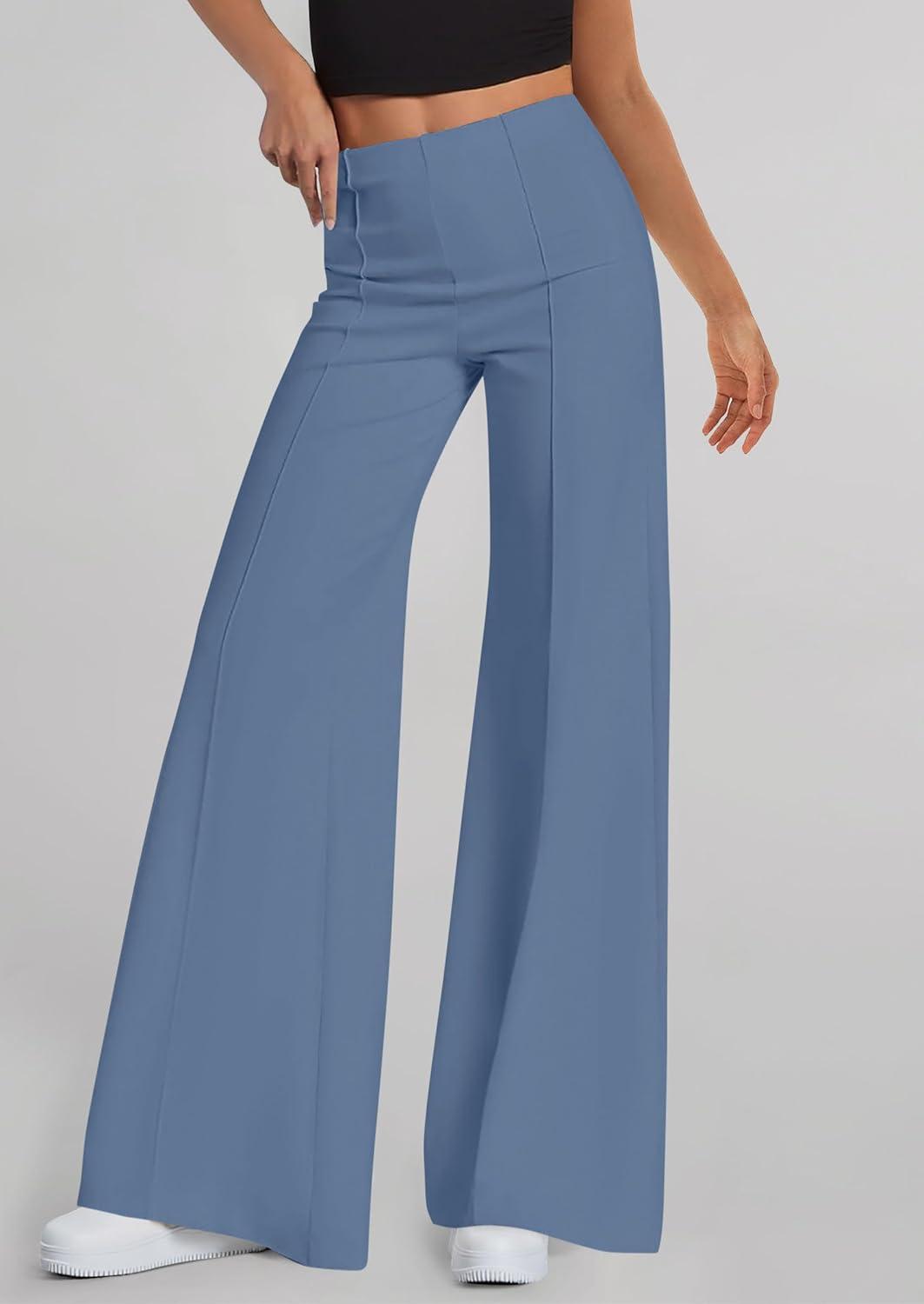 imagePRETTYGARDEN Womens Wide Leg Palazzo Pants 2026 Dressy Casual Lounge Workout Sweatpants High Waisted TrousersGrey Blue
