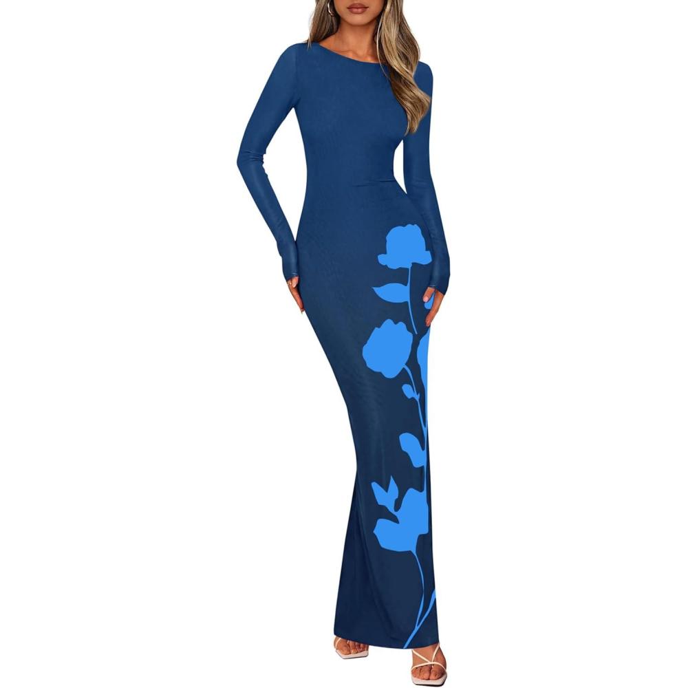 imagePRETTYGARDEN Bodycon Maxi Dress 2025 Fall Floral Long Sleeve Sexy Mesh Cocktail Wedding Guest Long DressesBlue