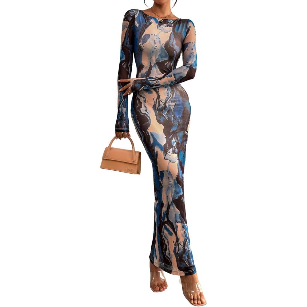 imagePRETTYGARDEN Bodycon Maxi Dress 2025 Fall Floral Long Sleeve Sexy Mesh Cocktail Wedding Guest Long DressesBlue Black