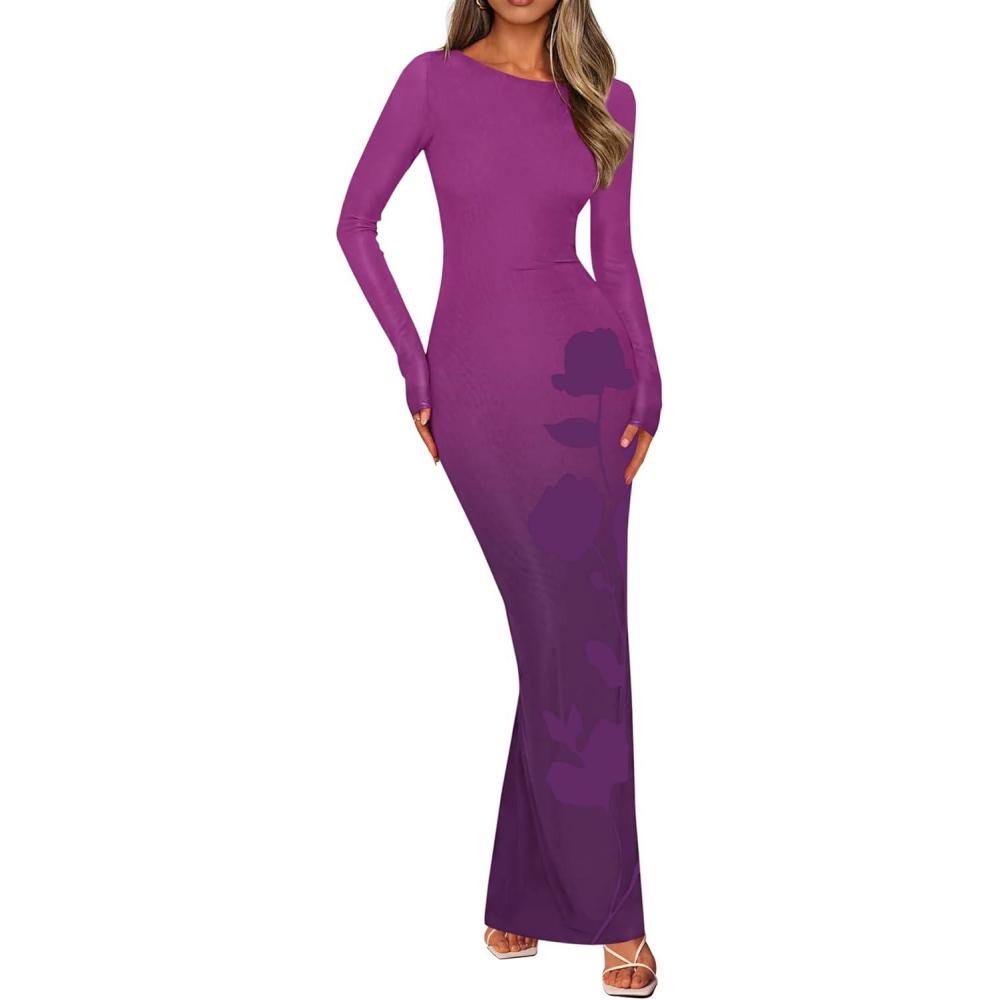 imagePRETTYGARDEN Bodycon Maxi Dress 2025 Fall Floral Long Sleeve Sexy Mesh Cocktail Wedding Guest Long DressesPurple
