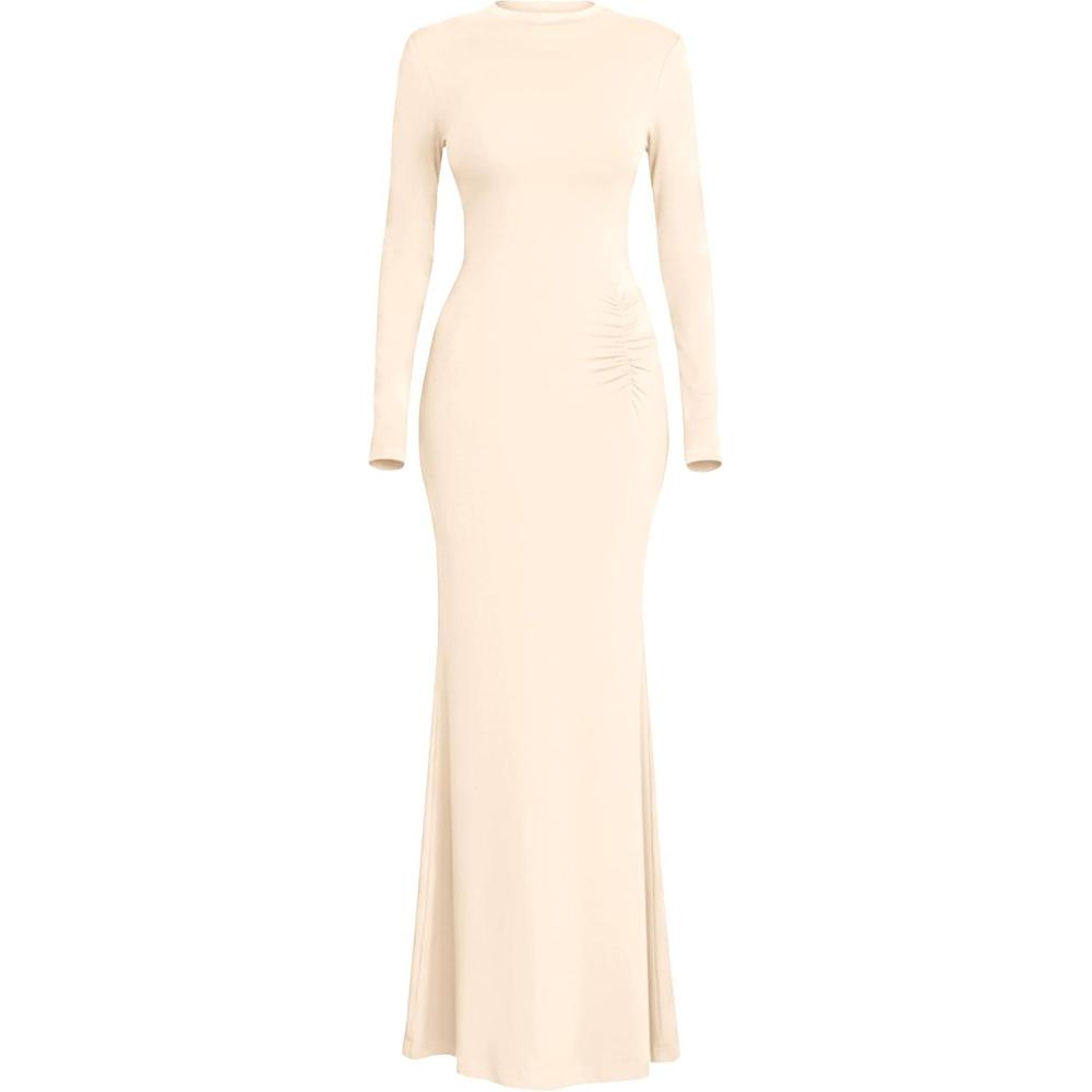 imagePRETTYGARDEN Fall Dresses for Women 2026 Long Sleeve Bodycon Mock Neck Ruched Maxi Formal Cocktail Wedding Guest DressApricot