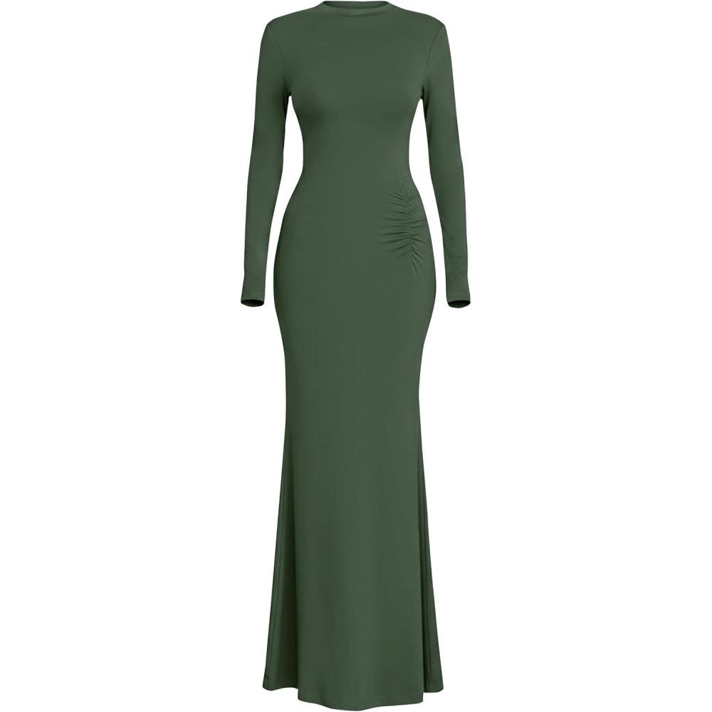 imagePRETTYGARDEN Fall Dresses for Women 2026 Long Sleeve Bodycon Mock Neck Ruched Maxi Formal Cocktail Wedding Guest DressArmy Green