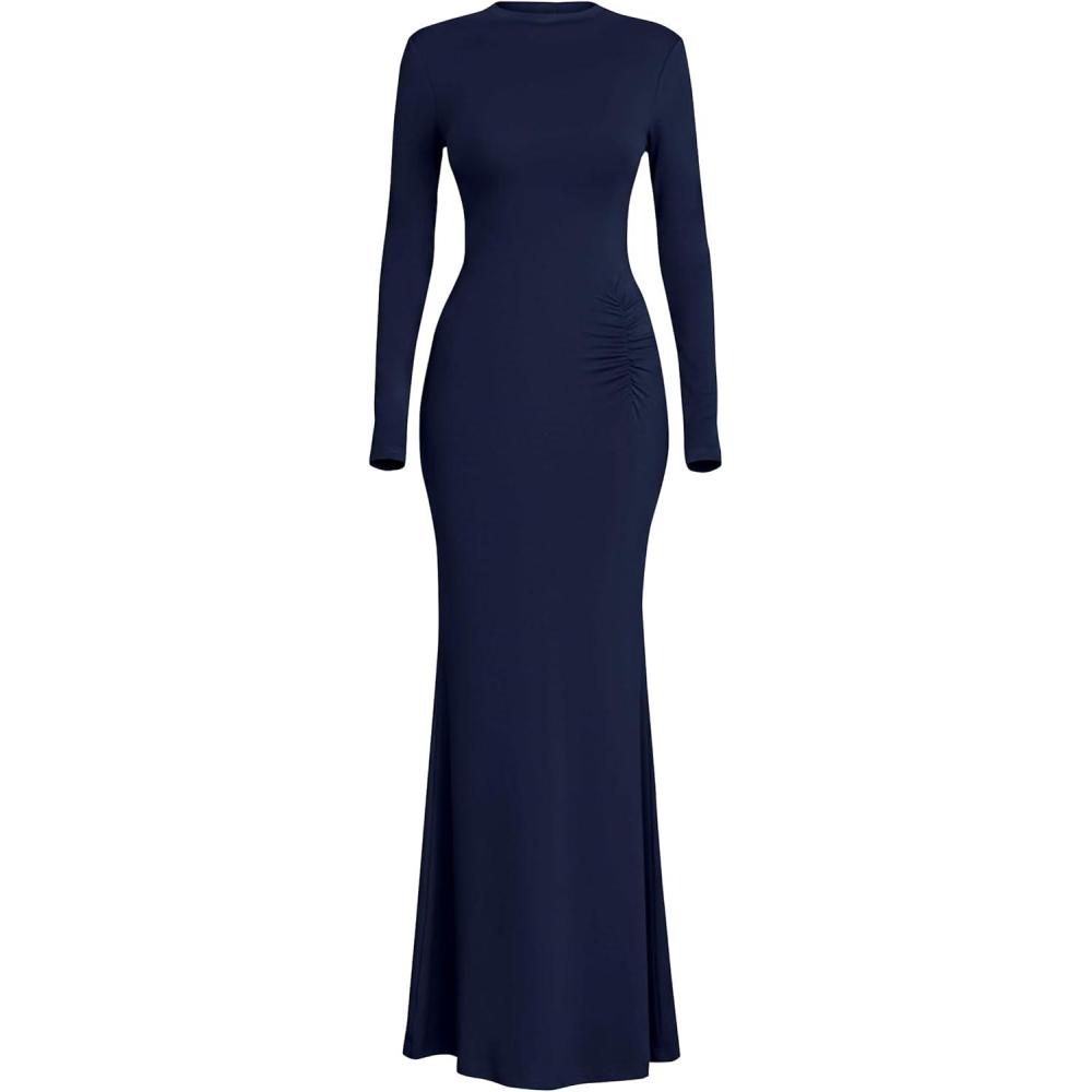 imagePRETTYGARDEN Fall Dresses for Women 2026 Long Sleeve Bodycon Mock Neck Ruched Maxi Formal Cocktail Wedding Guest DressNavy