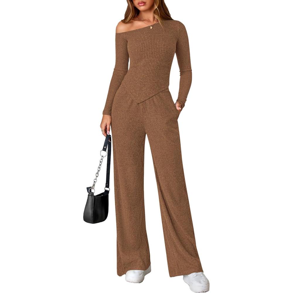 imagePRETTYGARDEN Fall Two Piece Sets For Women 2026 Off Shoulder Tops Long Pants Knit Matching Lounge Set Airport Travel OutfitsBrown