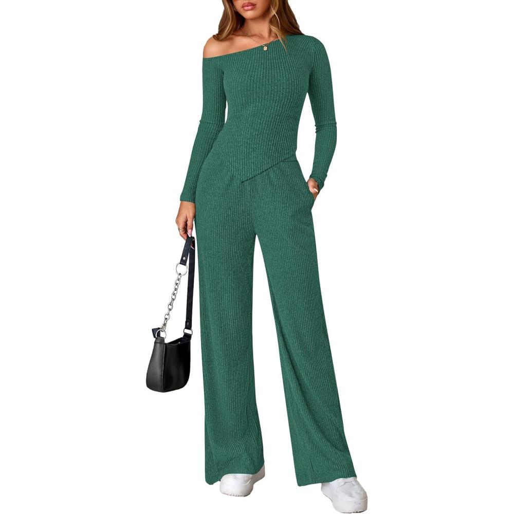 imagePRETTYGARDEN Fall Two Piece Sets For Women 2026 Off Shoulder Tops Long Pants Knit Matching Lounge Set Airport Travel OutfitsDark Green