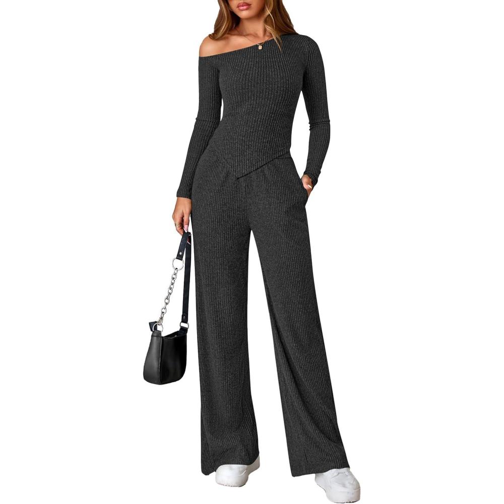 imagePRETTYGARDEN Fall Two Piece Sets For Women 2026 Off Shoulder Tops Long Pants Knit Matching Lounge Set Airport Travel OutfitsDark Grey